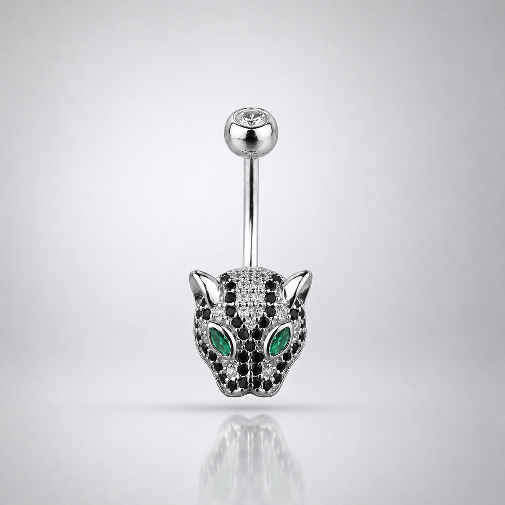 Bauchnabelpiercing mit Leopardenkopf-Motiv und Zirkonia aus 925er Sterlingsilber 