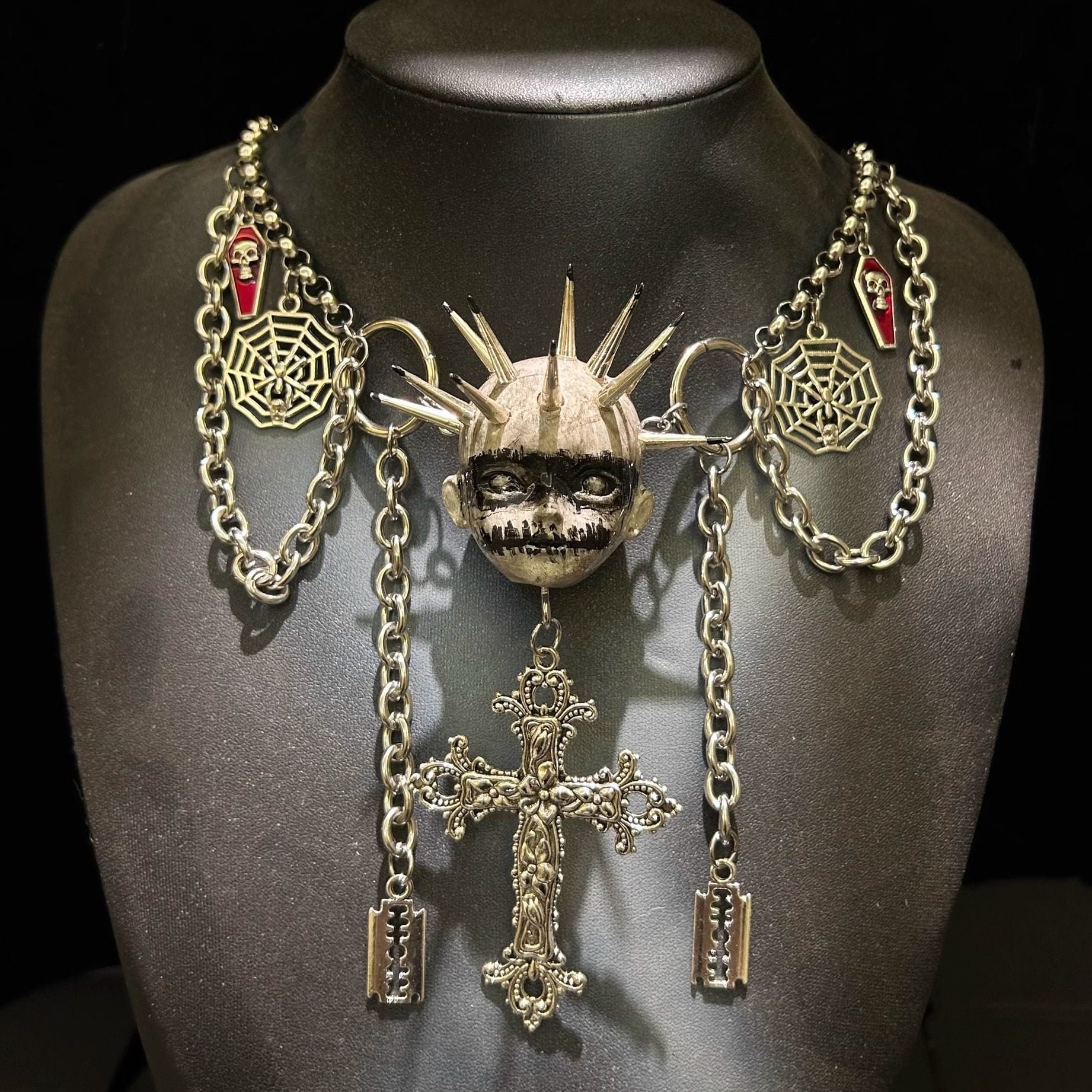 Black Metal "Corpse Paint" Spiked Doll Face Necklace - Ornate Cross & Razor Blade Charms