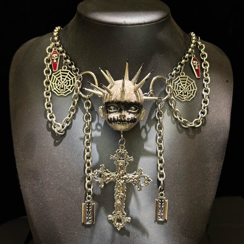 Black Metal "Corpse Paint" Spiked Doll Face Necklace - Ornate Cross & Razor Blade Charms - Crux Jewelry product image 2