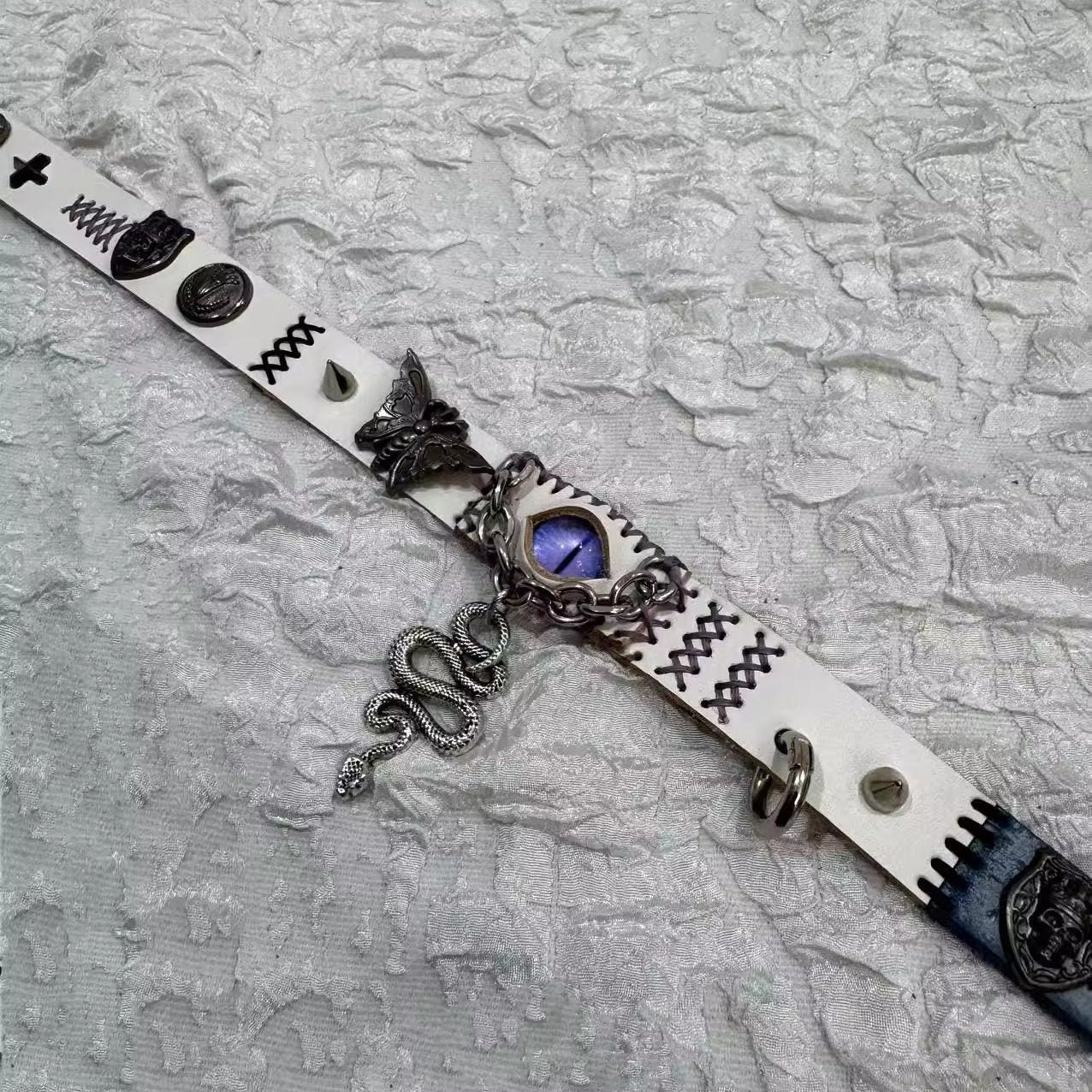 2-in-1 Gothic White Leather Choker & Wrap Bracelet - Purple Dragon Eye Snake & Moth Necklace - Grunge Silver Charms