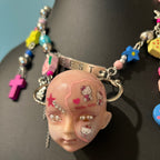 Y2K Decora Pink Doll Face Necklace with Smiley Star, Strawberry & Razor Blade Charms