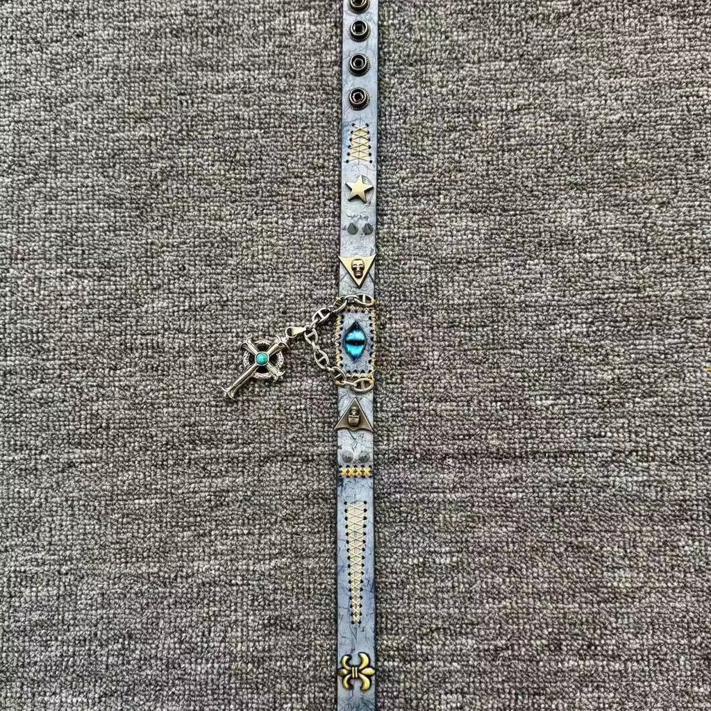 2-in-1 Vintage Blue Leather Choker & Wrap Bracelet - Blue Dragon Eye Cross Necklace - Fleur-de-lis Charm - Medieval Style