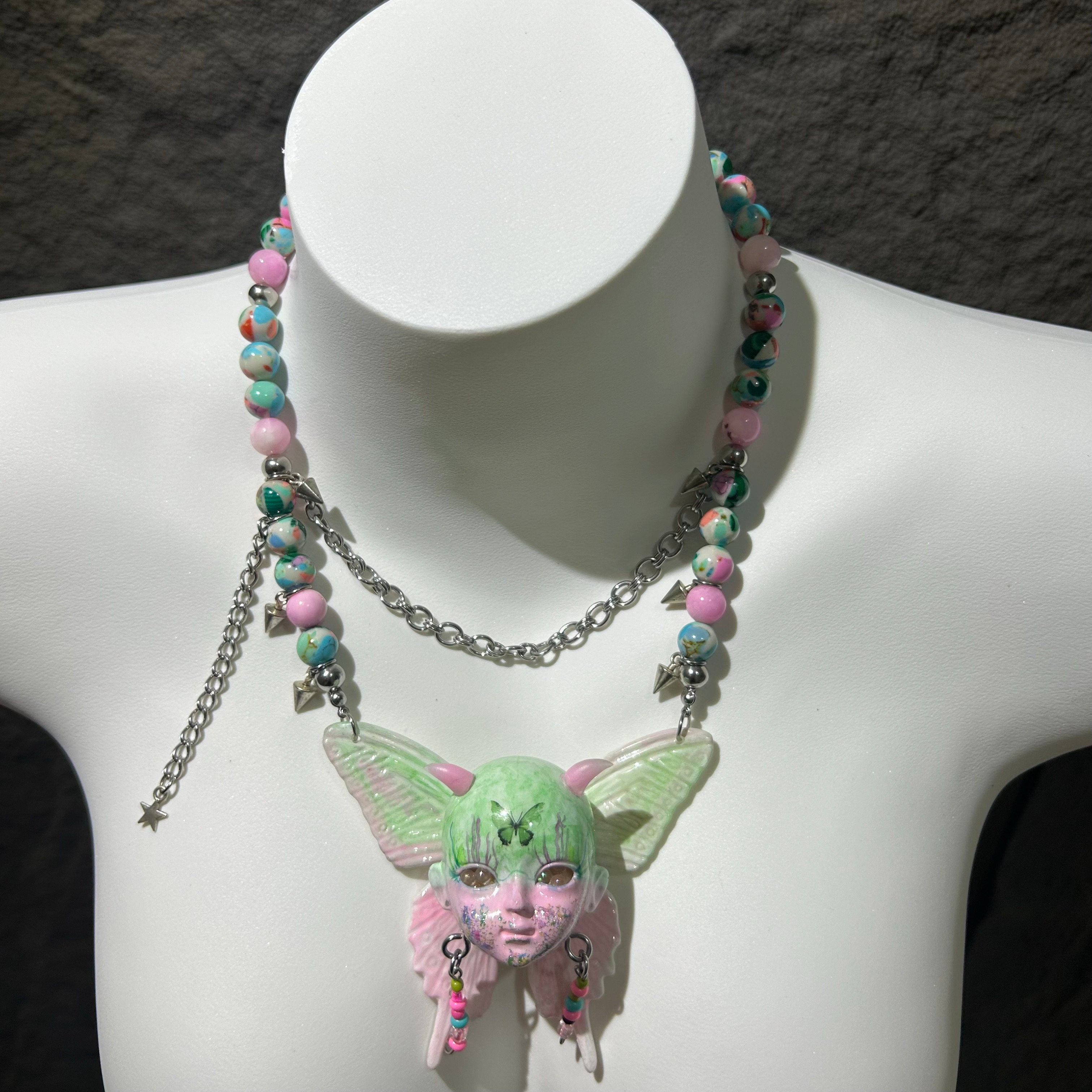 Pastel Goth Green Moth Doll Face Necklace with Pink Horns & Candy Beads