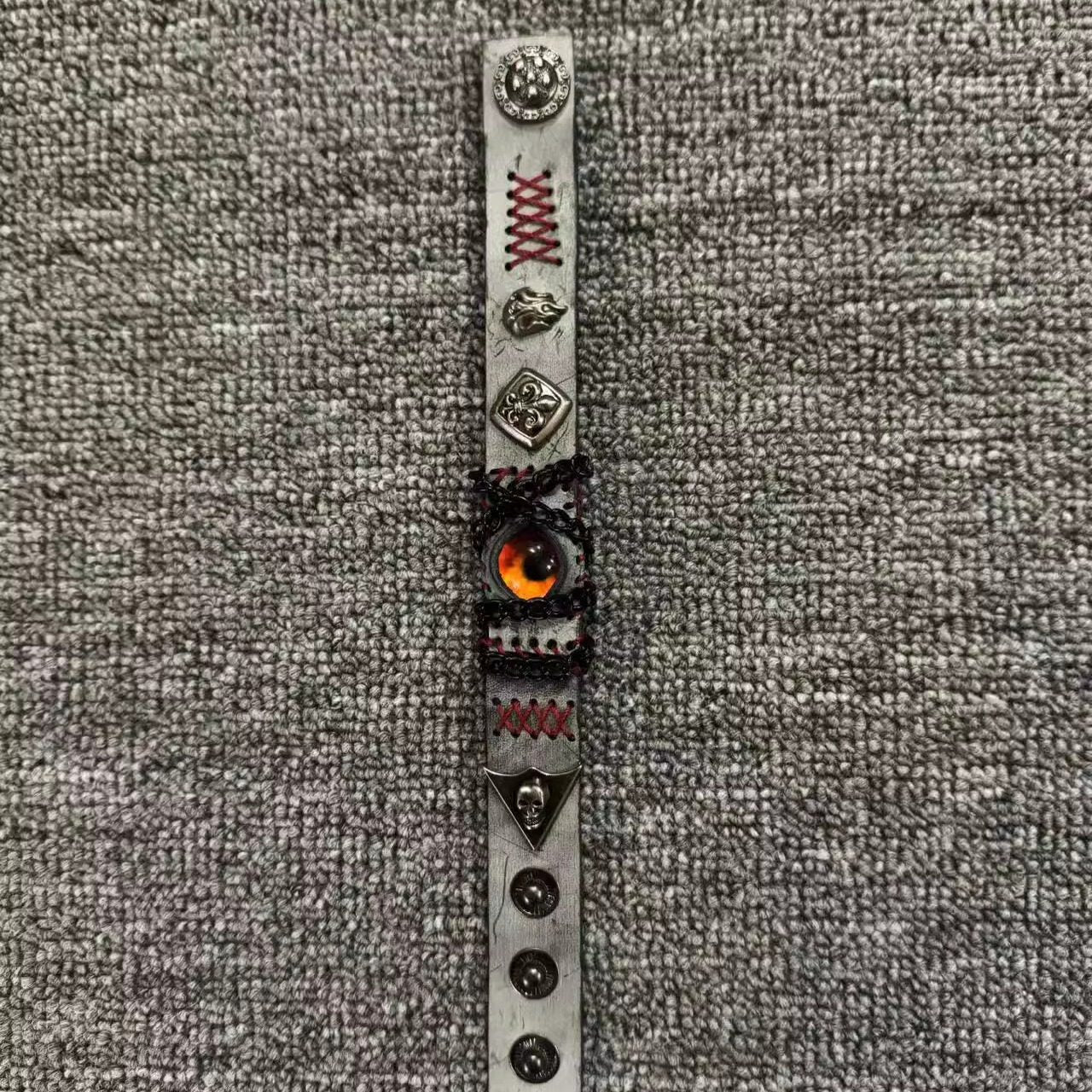 Grunge Concrete Grey Leather Stitched Bracelet - Red Dragon Eye Cuff - Industrial Punk Wristband