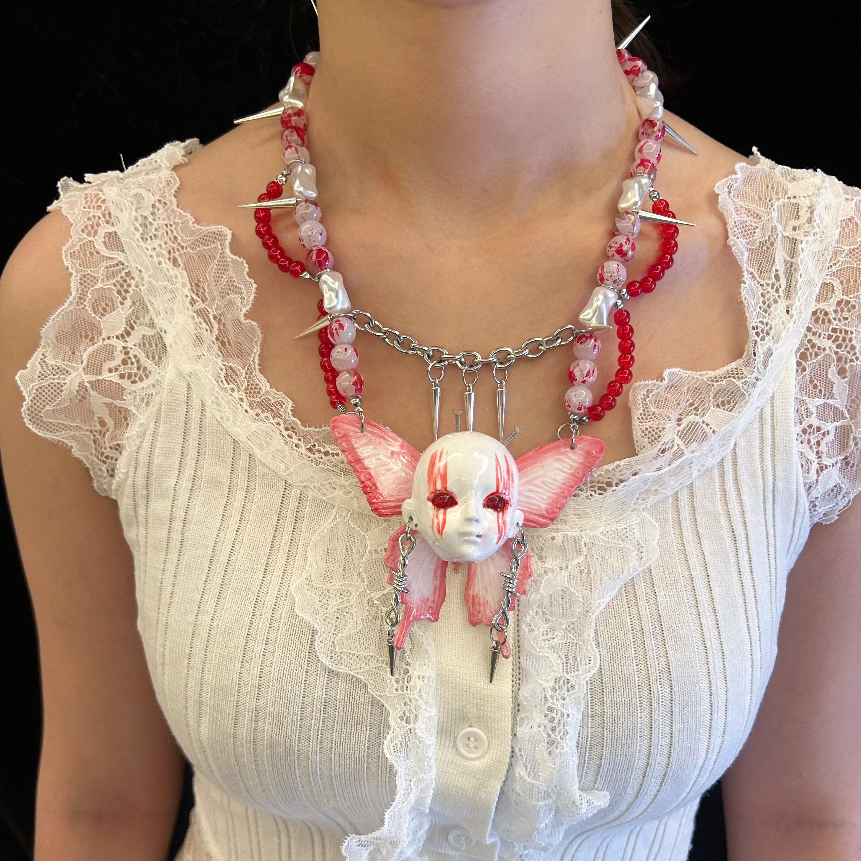 Yami Kawaii Pink Butterfly "Bleeding Eyes" Doll Face Necklace - Spikes & Blood Splatter Beads