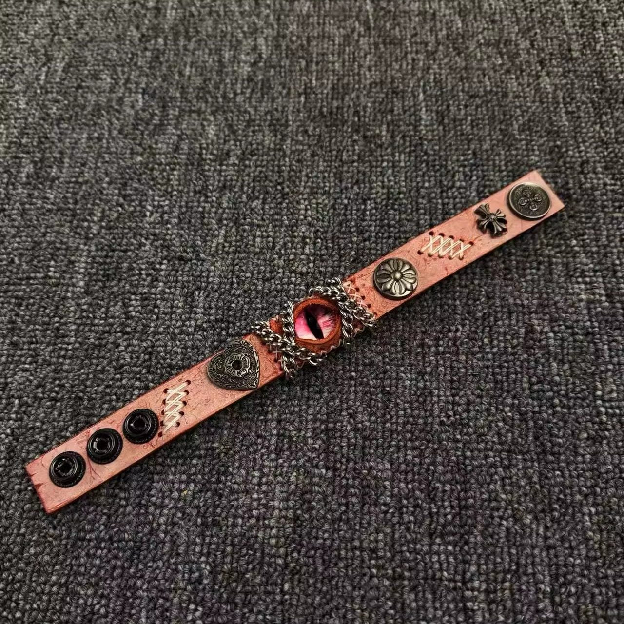 Gothic Black Leather Dragon Eye Bracelet - Large Spiked Demon Cuff - Dark Metal Chain Wristband