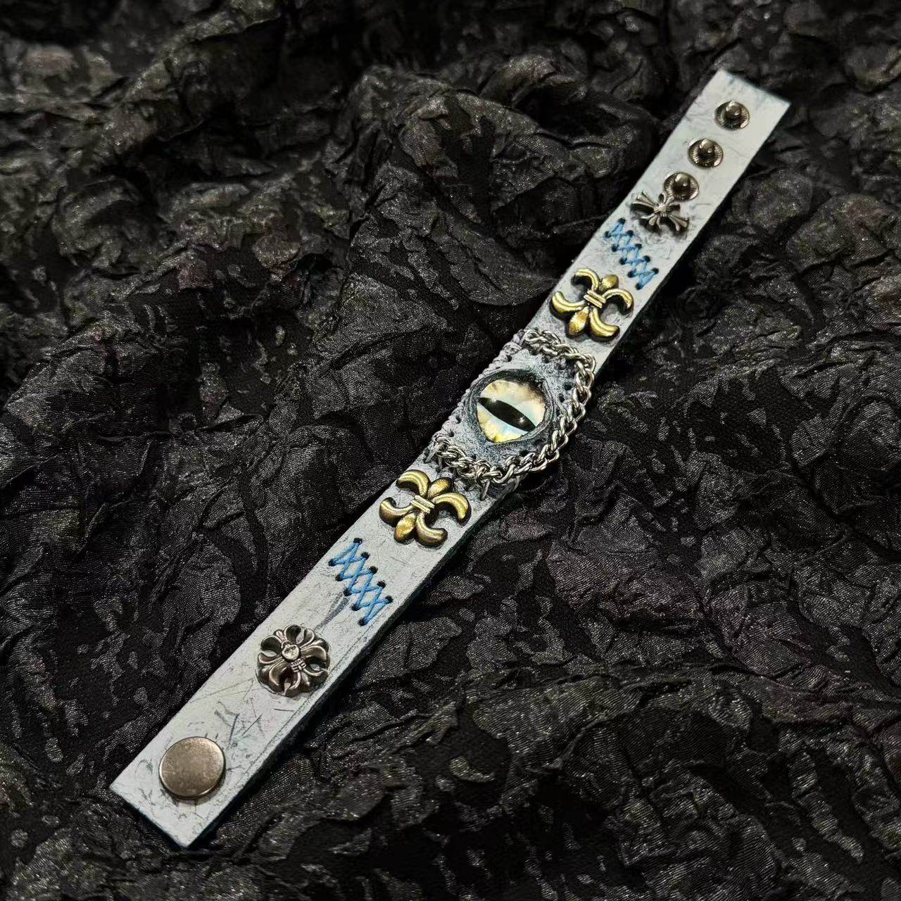 Ancient Grey Leather Dragon Eye Bracelet - Blue Runic Pattern Cuff - Nordic Viking Style Wristband - Vintage Brass Studs