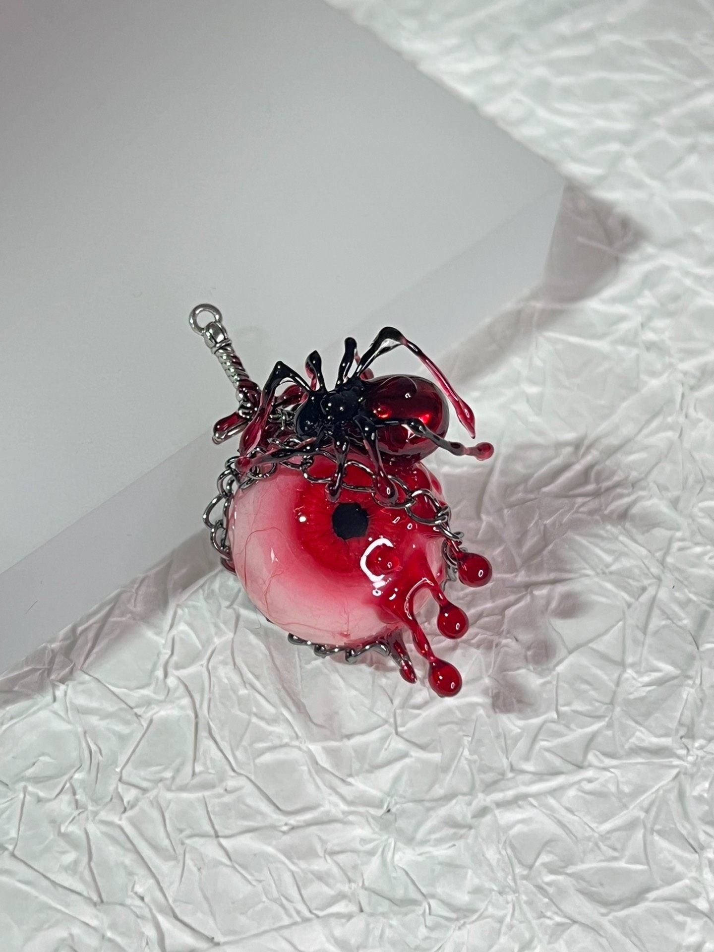 Red Tentacle Heart Layered Necklace - Silver Spider & Cross Charms