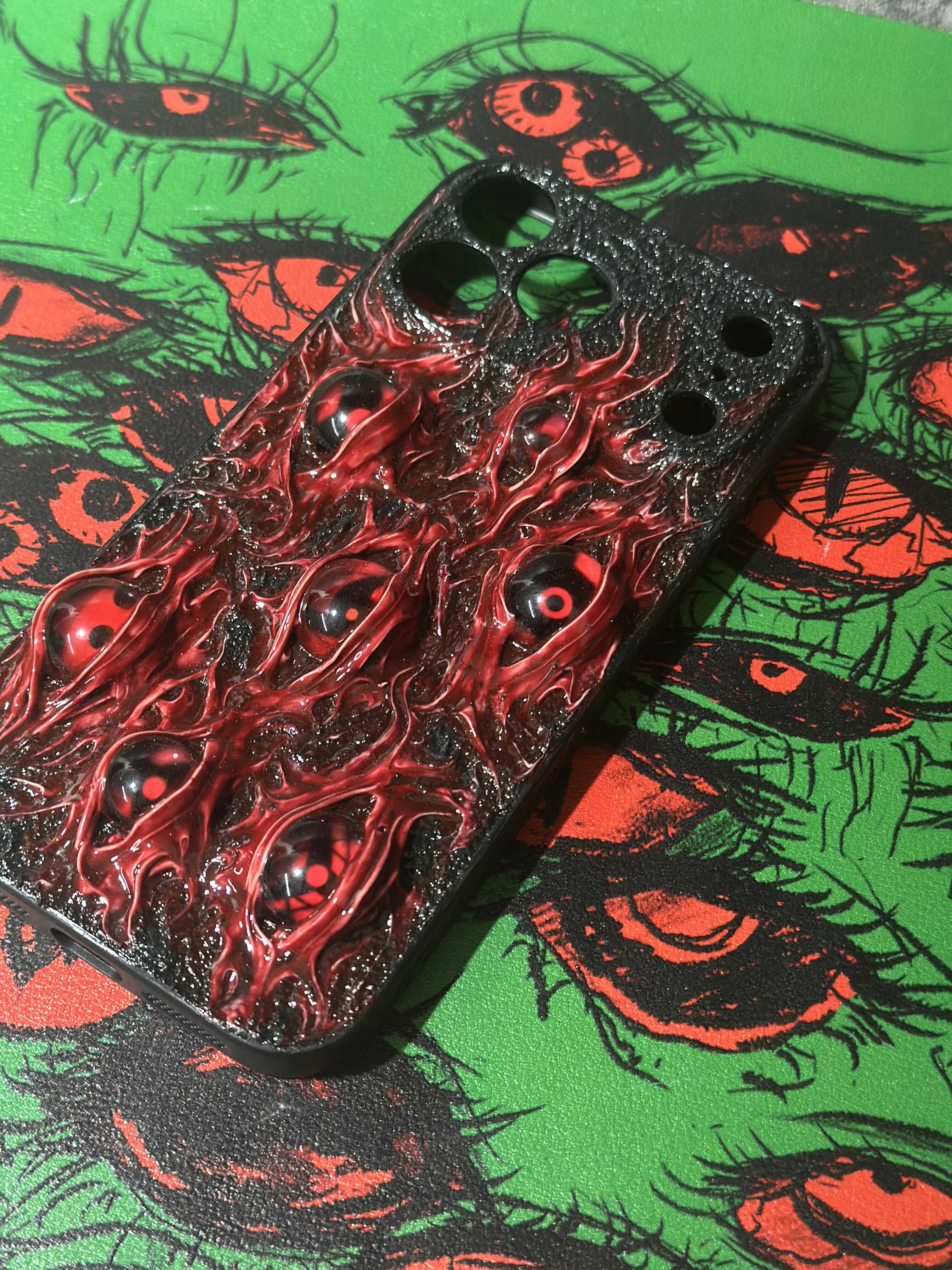 Uchiha Nightmare: Handmade Red Flesh Case with Multiple Sharingan Eyes (3D Texture)