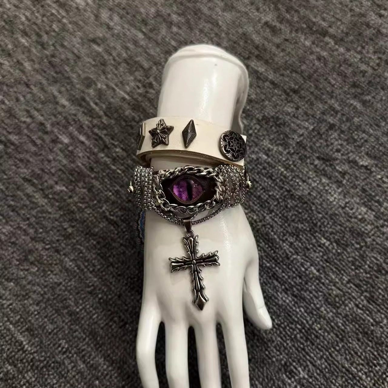 2-in-1 Gothic White Leather Choker & Wrap Bracelet - Purple Dragon Eye Cross Necklace - Convertible Punk Jewelry