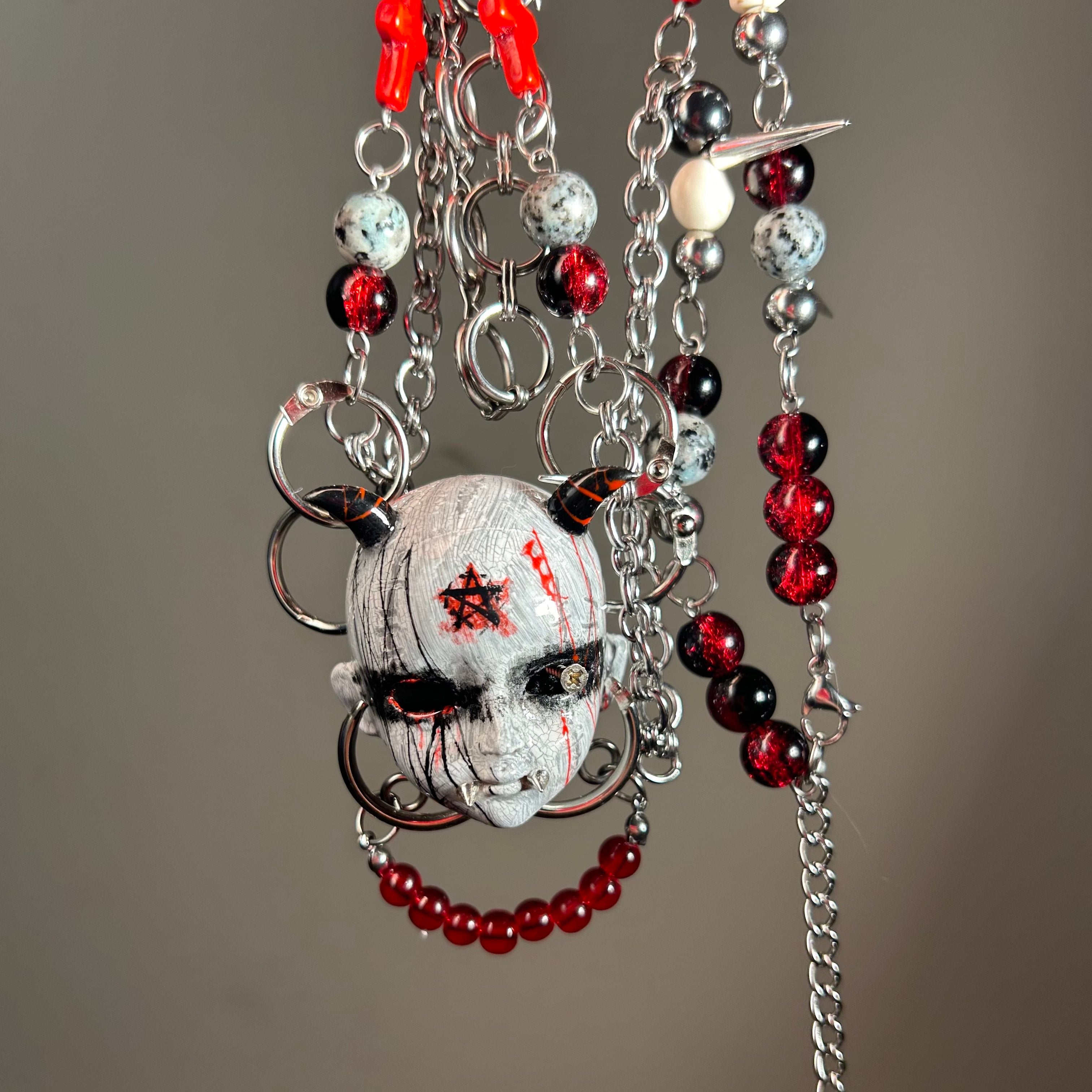 Occult Vampire Demon Doll Face Necklace - Bloody Pentagram, Fangs & Heavy Chains With Chocker