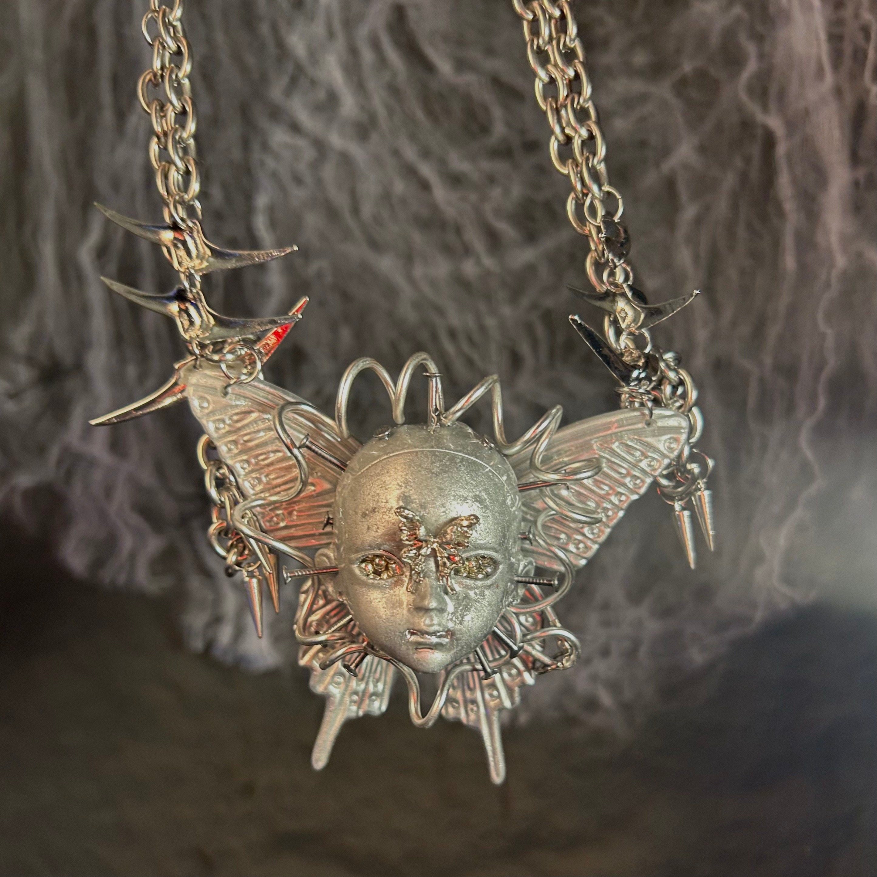 Cyberpunk Silver Metallic Butterfly Doll Face Necklace - Wire Wrapped & Spiked Chains