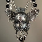 Silver Metallic Butterfly Doll Face Necklace with Rhinestone Heart & Winged Skull Charm