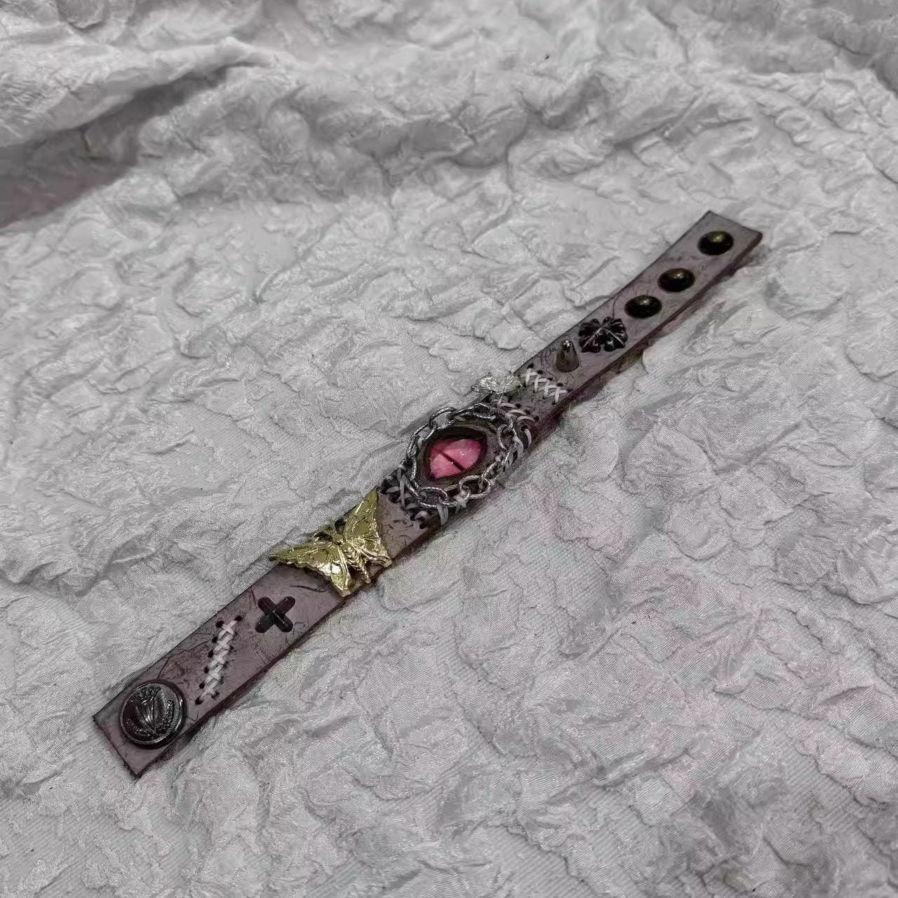 Vintage Grunge Grey Leather Bracelet - Pink Dragon Eye Cuff with Gold Moth Charms - Fairy Grunge Fantasy Wristband