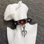2-in-1 Gothic Black Leather Choker & Wrap Bracelet - Red Dragon Eye Necklace - Silver Trident Charm - Devil Pitchfork Jewelry