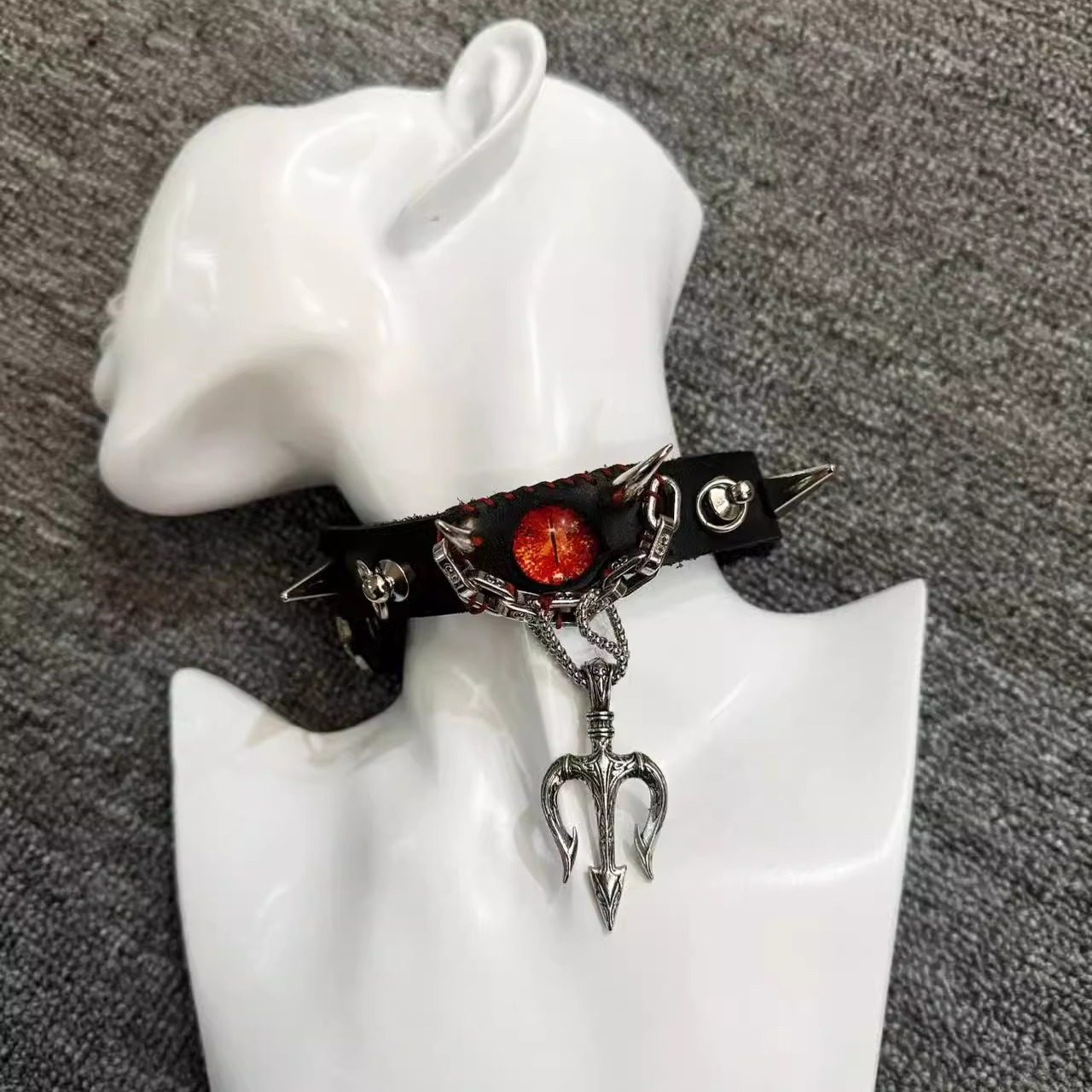 2-in-1 Gothic Black Leather Choker & Wrap Bracelet - Red Dragon Eye Necklace - Silver Trident Charm - Devil Pitchfork Jewelry