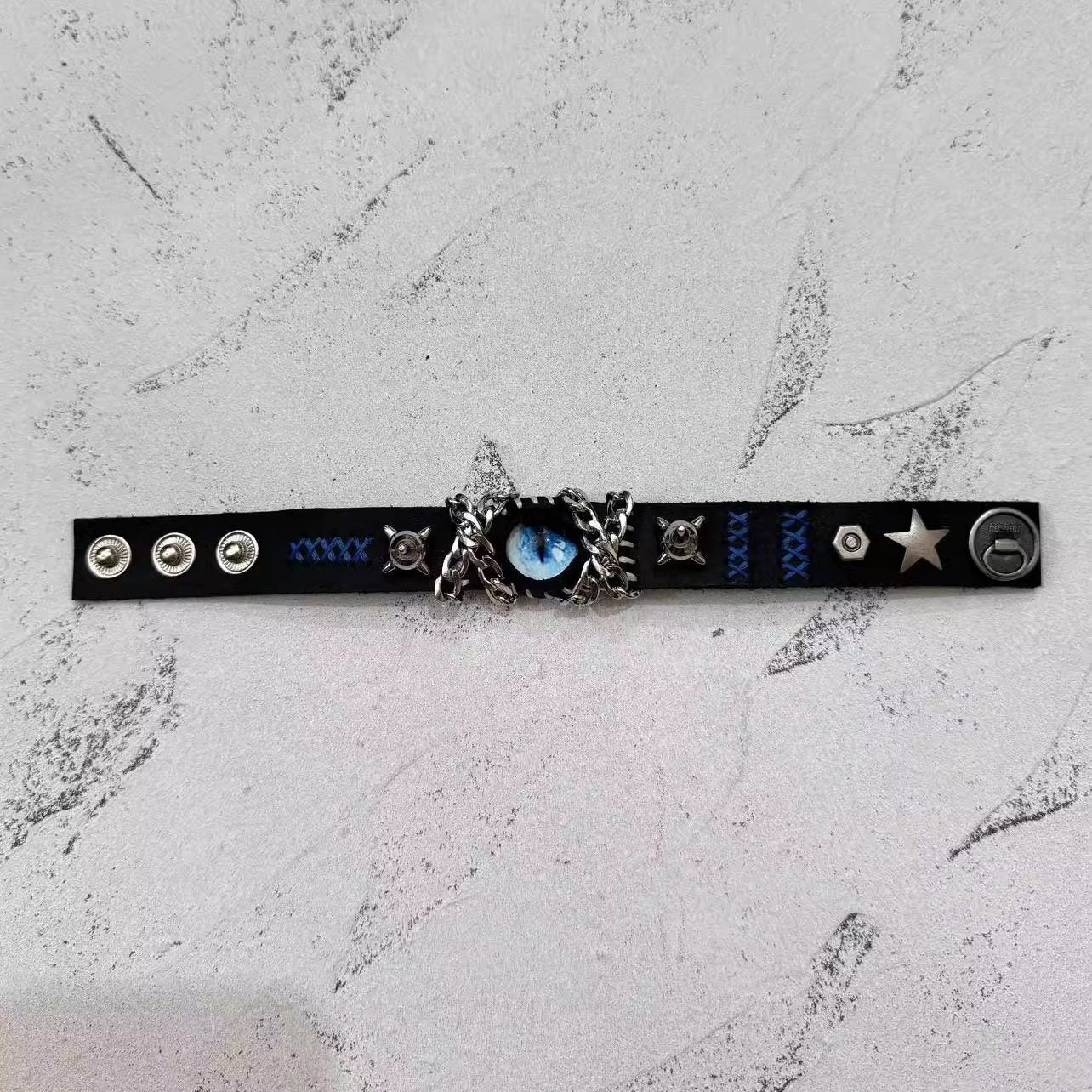 Gothic Black Leather Blue Dragon Eye Bracelet - Spiked Chain Cuff - Electric Blue Pupil Wristband - Cyberpunk Aesthetic