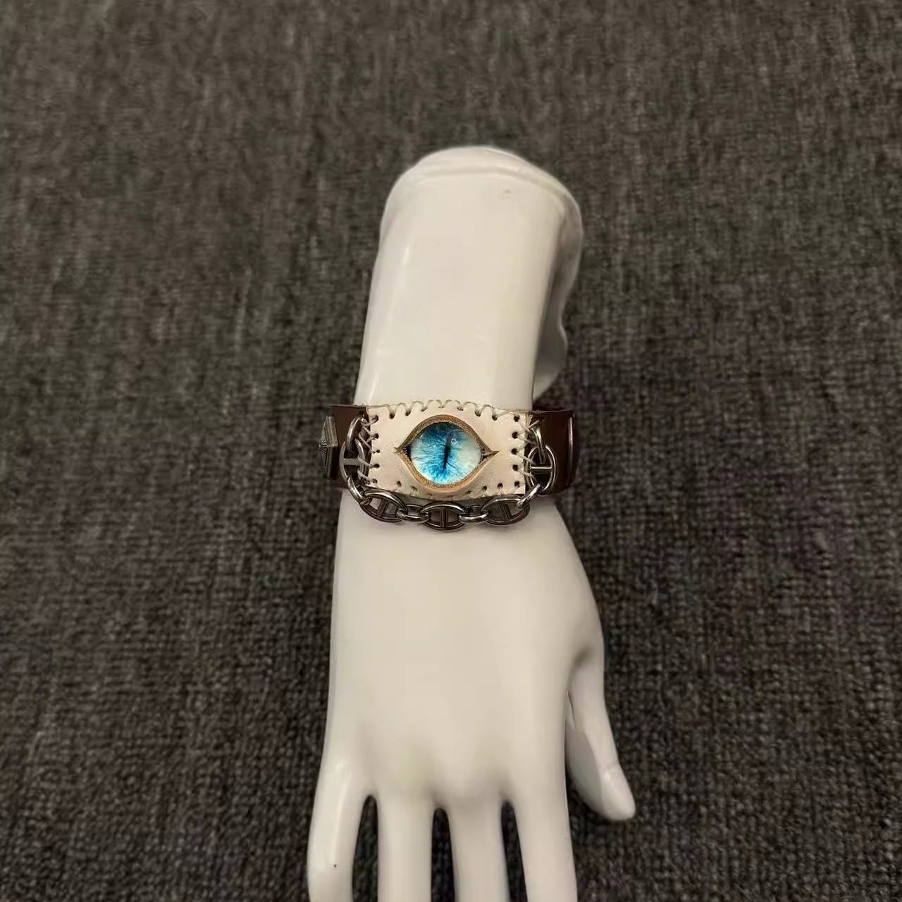 Desert Tan Suede Dragon Eye Bracelet - Spiked Chain Cuff - Yellow Reptile Eye Wristband - Wasteland Aesthetic