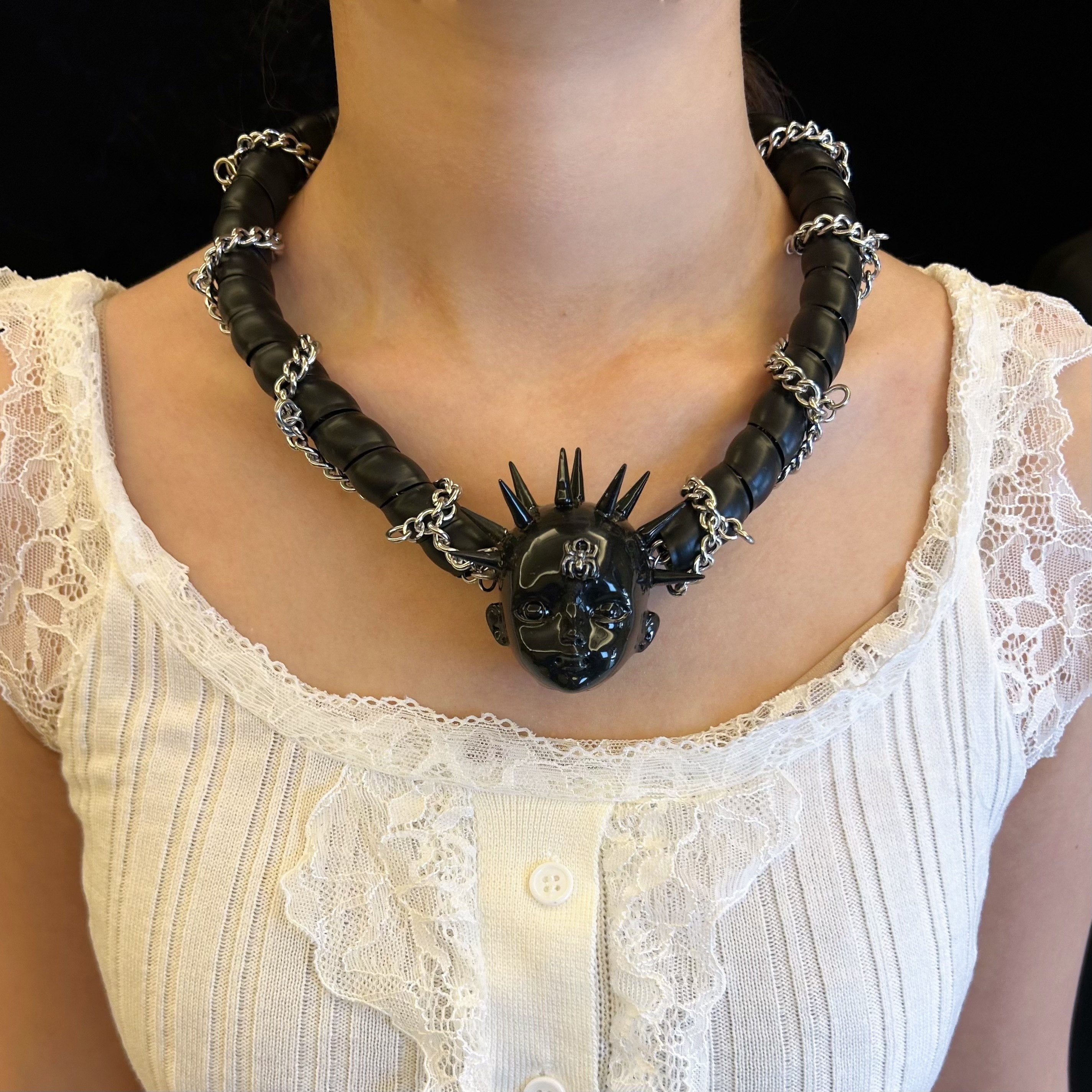 Black Glossy Spiked Doll Face Choker with Spider Emblem - Chunky Twisted Cord & Chain Necklace