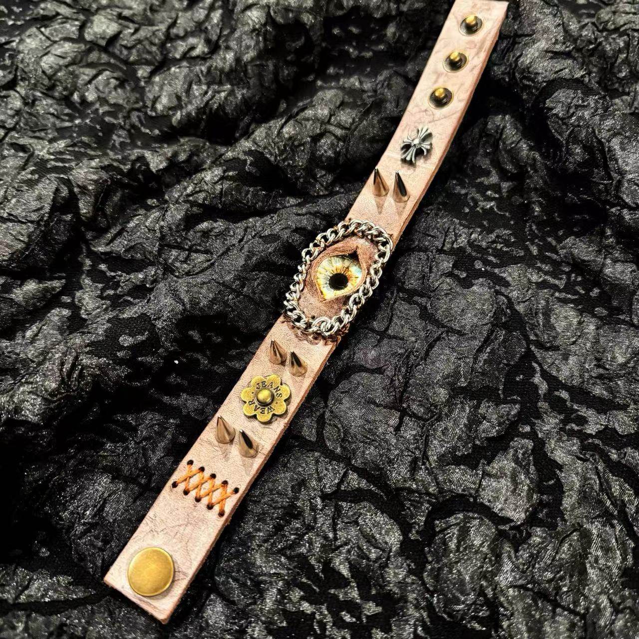 Steampunk Brown Leather Dragon Eye Bracelet - Vintage Grunge Spiked Cuff - Golden Cat Eye Wristband - Wasteland Aesthetic