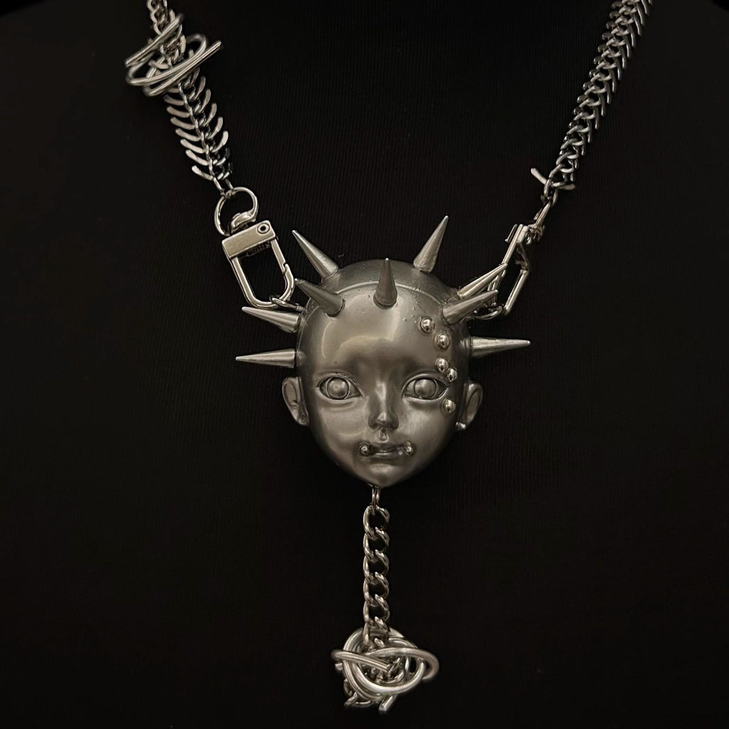 Silver Metallic Spiked Doll Face Necklace - Industrial Spine Chain & Abstract Knot Pendant