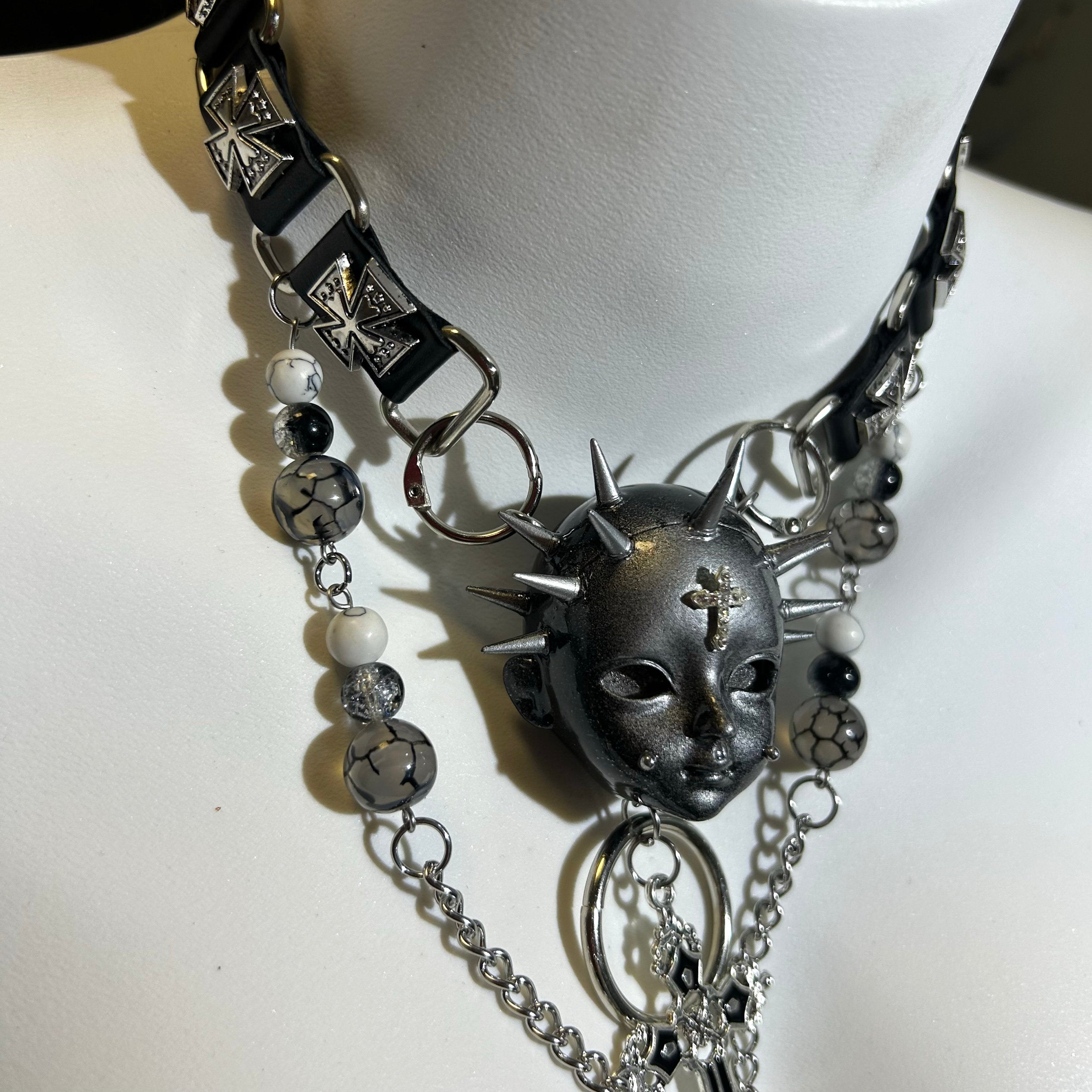 Silver Spiked Doll Face Necklace - Layered Beaded Chain & Inverted Cross Pendant