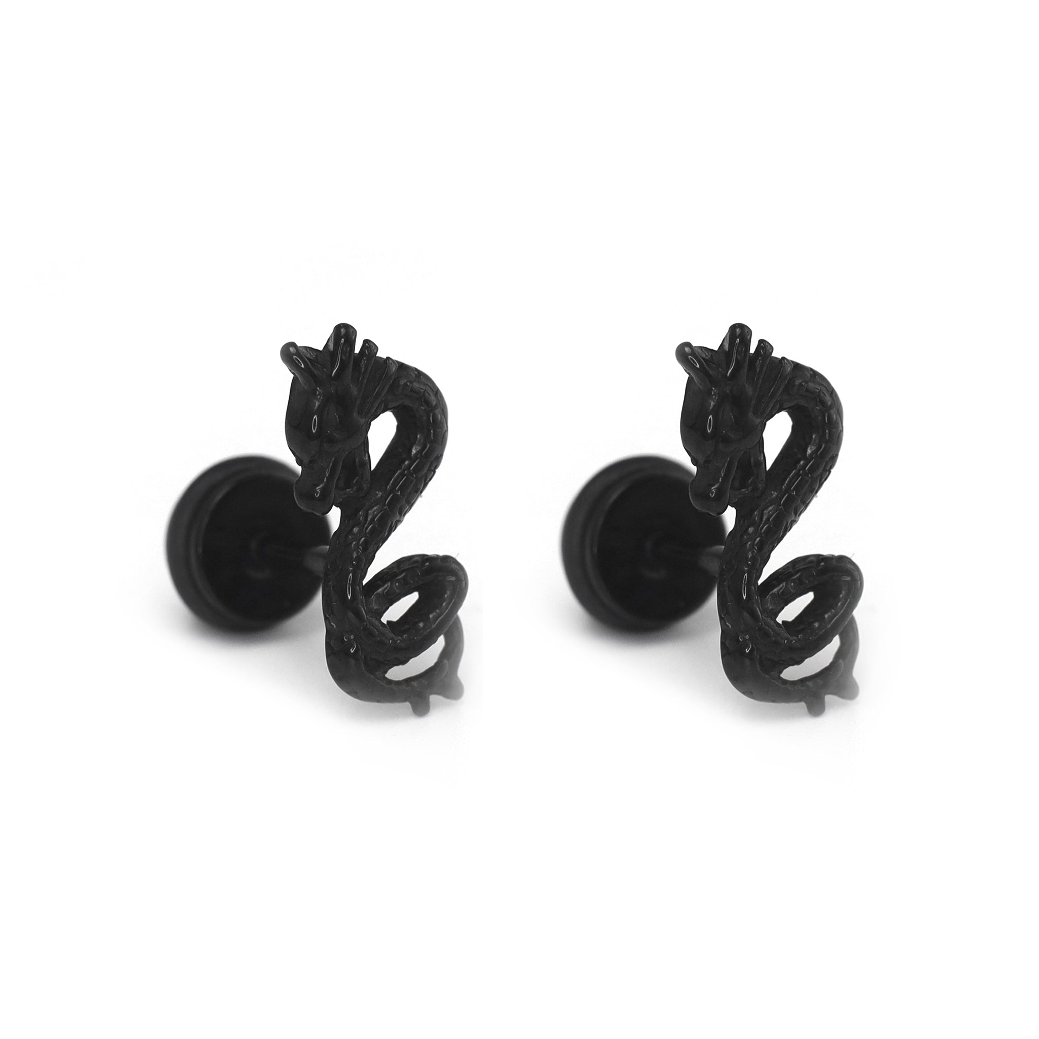 PAIR OF Engraved Dragon Silver & Black Externally Threaded Stainless Steel Ear Studs - PAIR OF Engraved Dragon Silver & Black Externally Threaded Stainless Steel Ear Studs - Pair of Black by CRUXJEWELRY