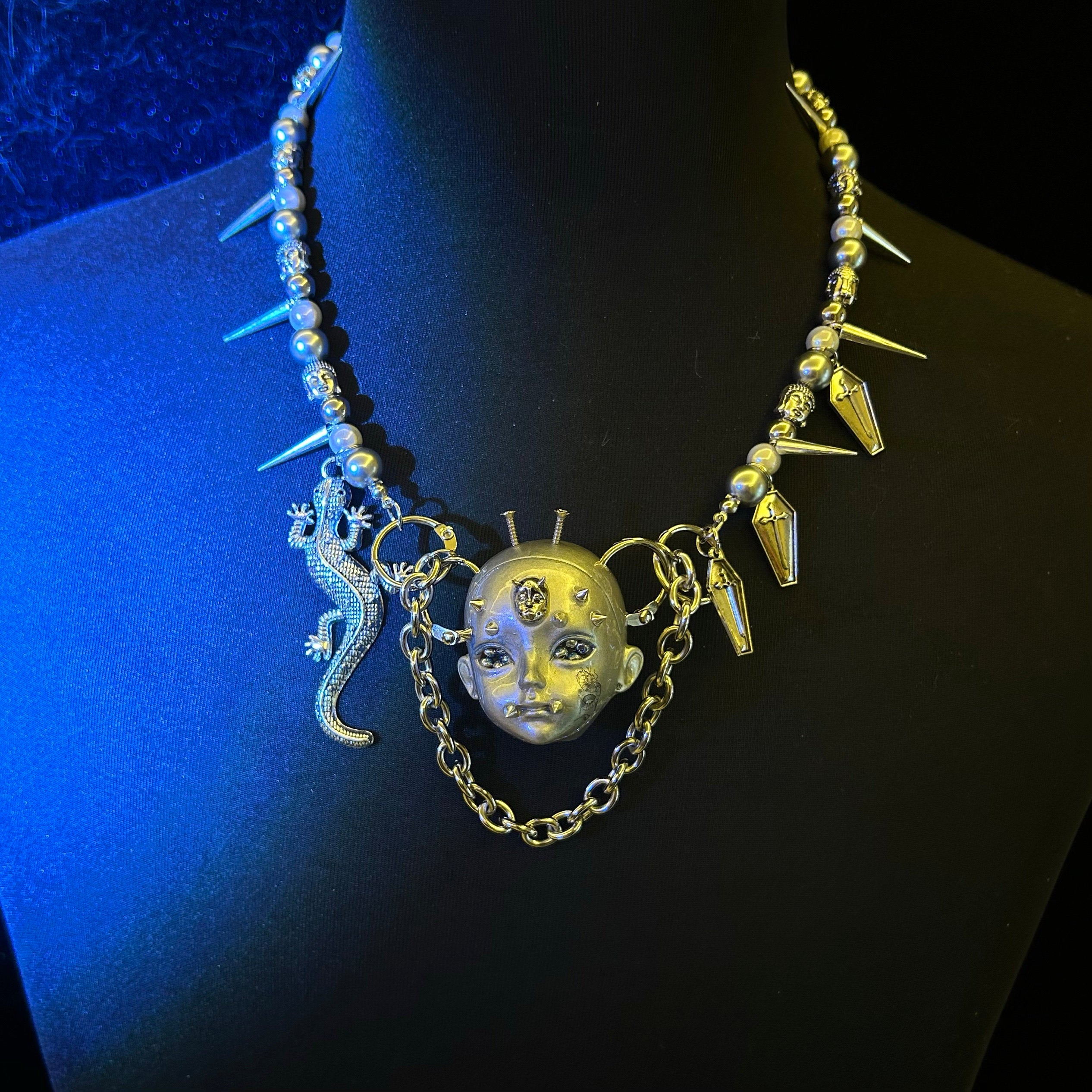 Silver Metallic "Third Eye" Crying Doll Face Choker - Black Leather & Gothic Cross Studs