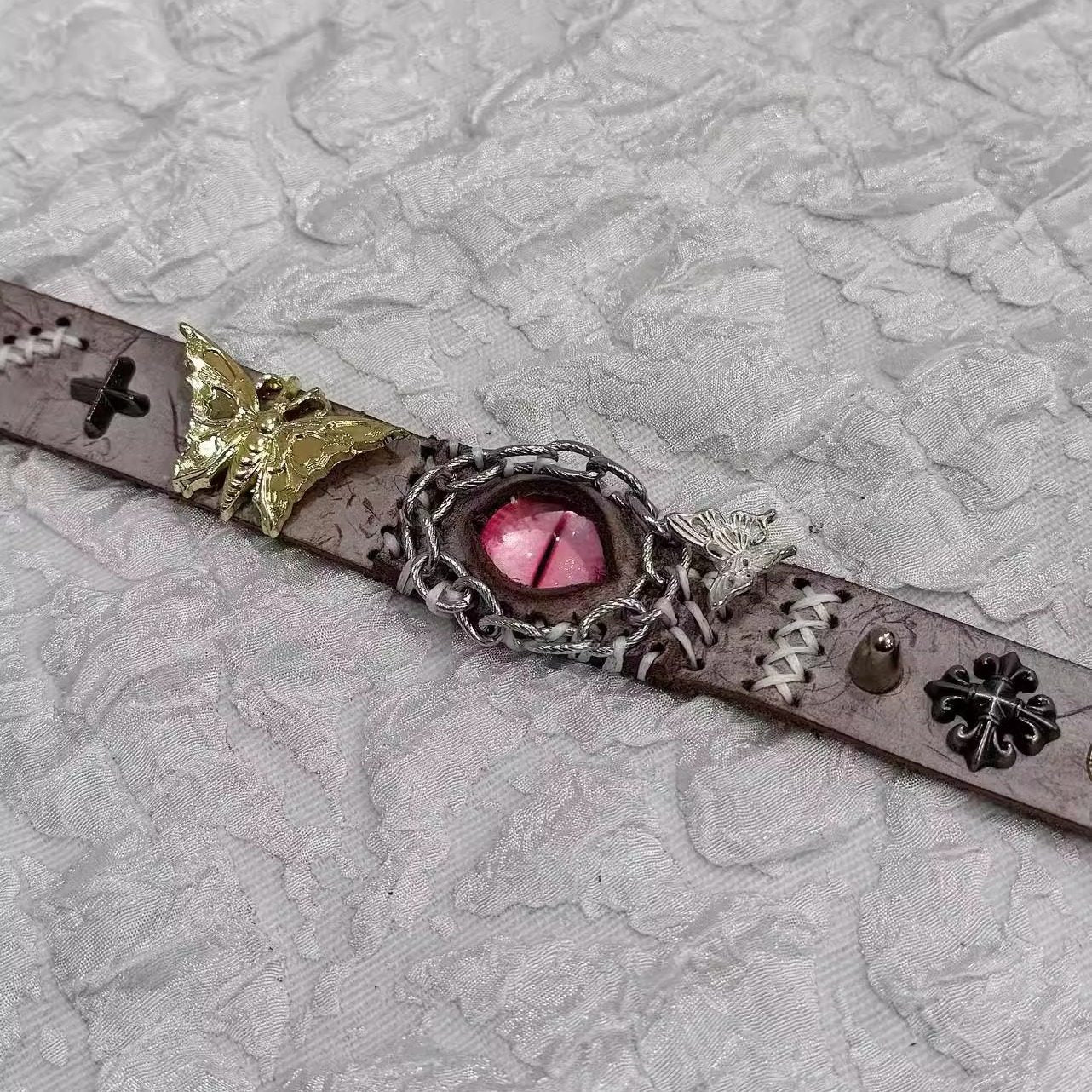 Vintage Grunge Grey Leather Bracelet - Pink Dragon Eye Cuff with Gold Moth Charms - Fairy Grunge Fantasy Wristband