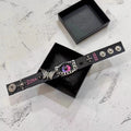 Gothic Black Leather Bracelet with Pink Stitching - Pink Dragon Eye & Silver Moth Cuff - Cross Charm - Pastel Goth Aesthetic
