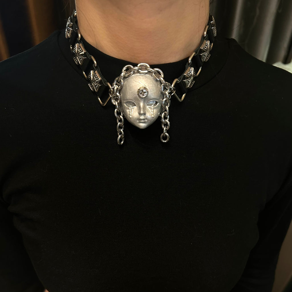 Silver Metallic "Third Eye" Crying Doll Face Choker - Black Leather & Gothic Cross Studs