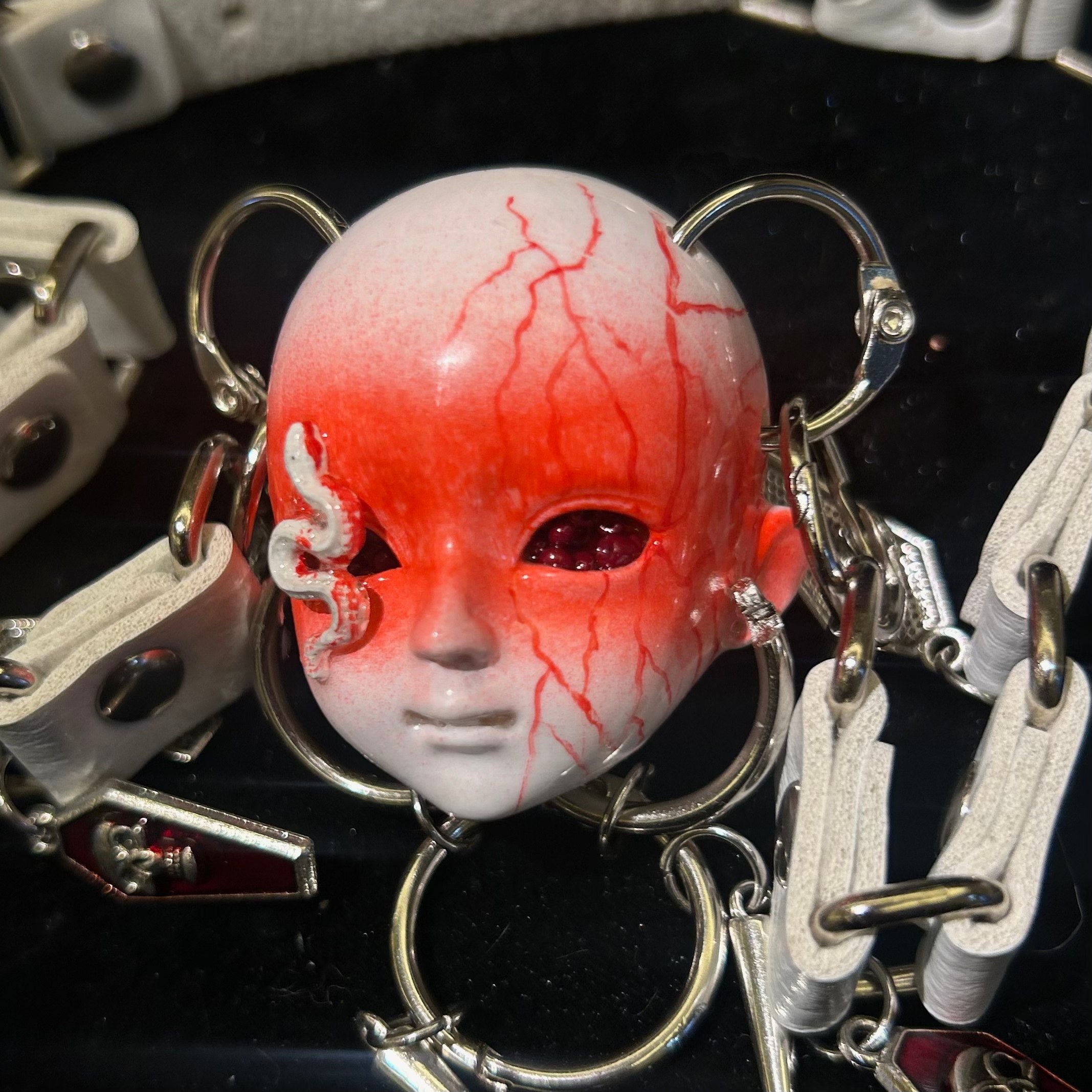 Bio-Horror "Infected" Doll Face Choker with White Snake & Red Veins - White Leather Bondage Straps
