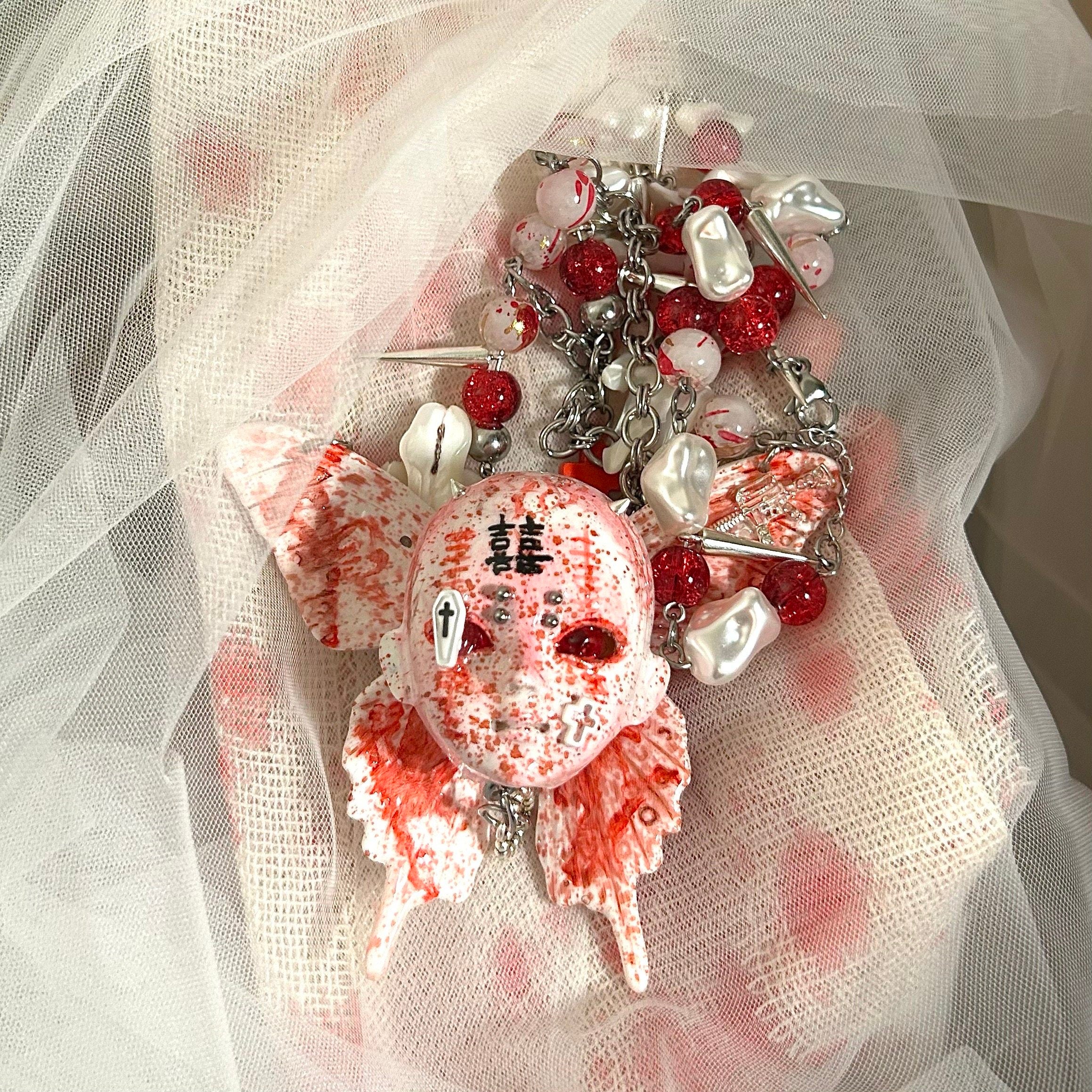 Bloody "Ghost Bride" Butterfly Doll Face Necklace - Double Happiness Symbol & Coffin Charm