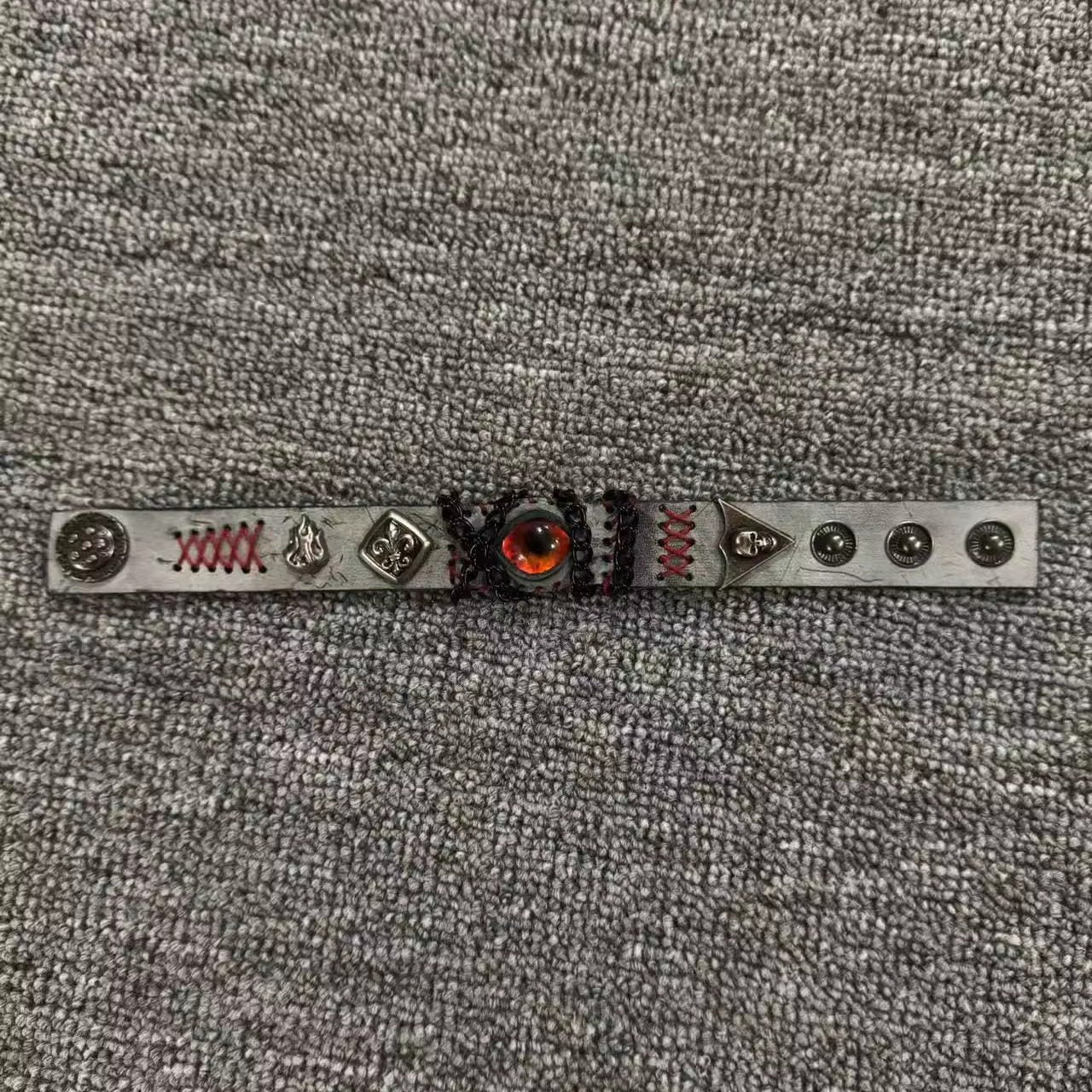 Grunge Concrete Grey Leather Stitched Bracelet - Red Dragon Eye Cuff - Industrial Punk Wristband