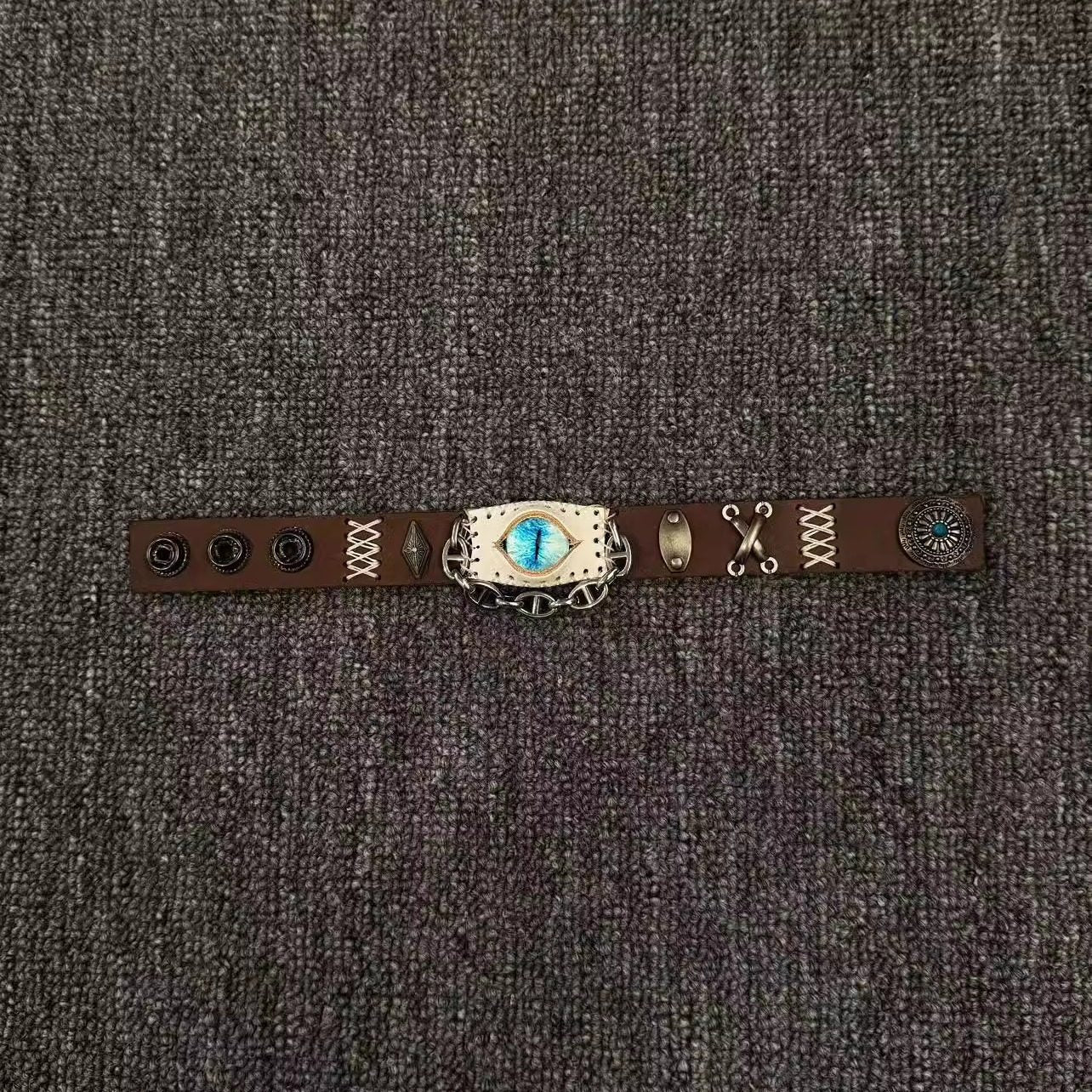 Desert Tan Suede Dragon Eye Bracelet - Spiked Chain Cuff - Yellow Reptile Eye Wristband - Wasteland Aesthetic