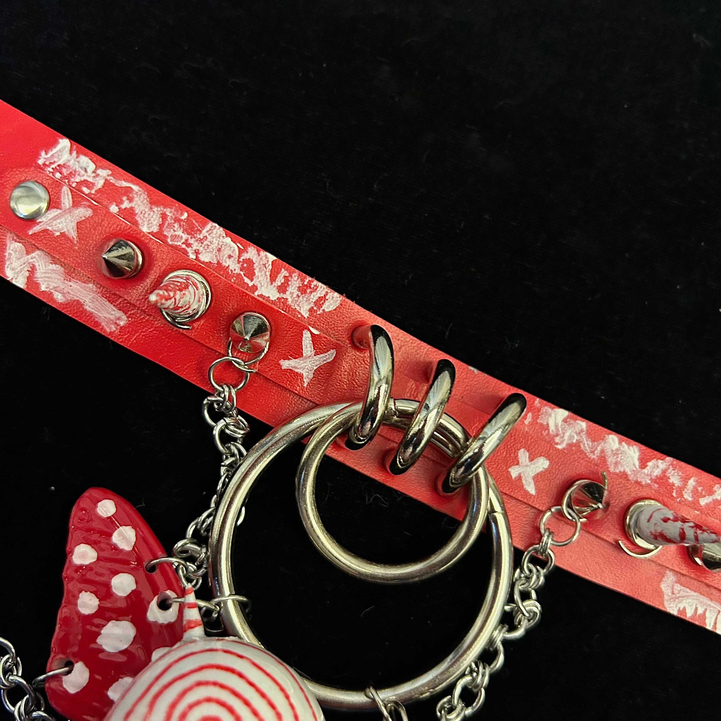 Red Graffiti Leather Spiked Choker with Spiral Doll Face & Spotted Butterfly Wings