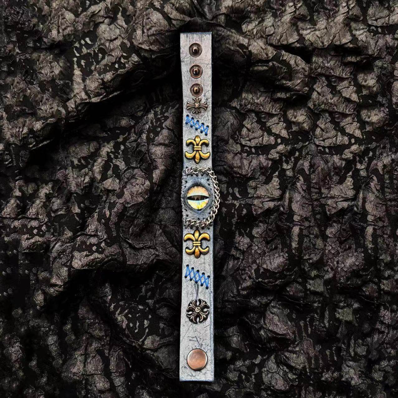 Ancient Grey Leather Dragon Eye Bracelet - Blue Runic Pattern Cuff - Nordic Viking Style Wristband - Vintage Brass Studs