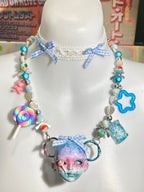 Sweet Lolita Pastel Doll Face Necklace with Rainbow Lollipop & Blue Gingham Bows