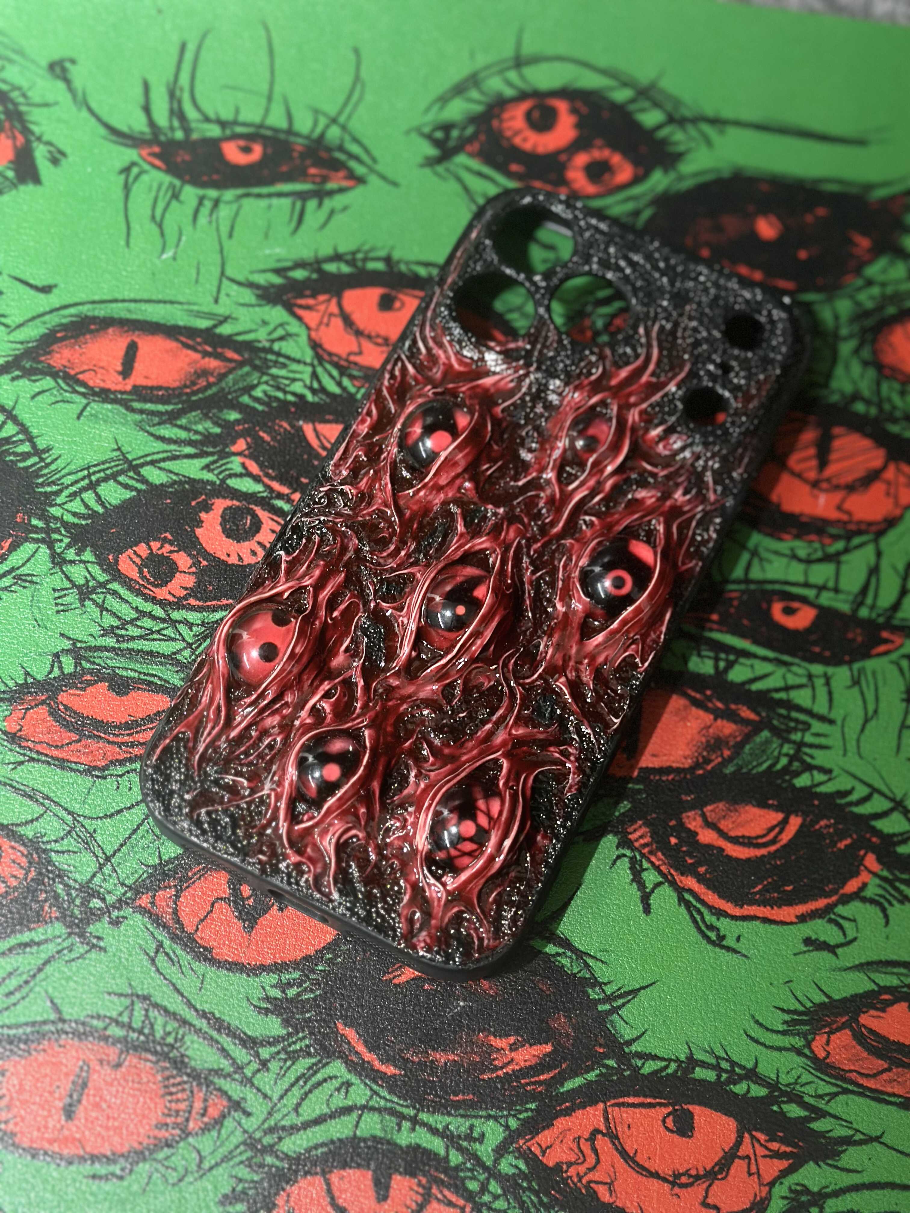 Uchiha Nightmare: Handmade Red Flesh Case with Multiple Sharingan Eyes (3D Texture)