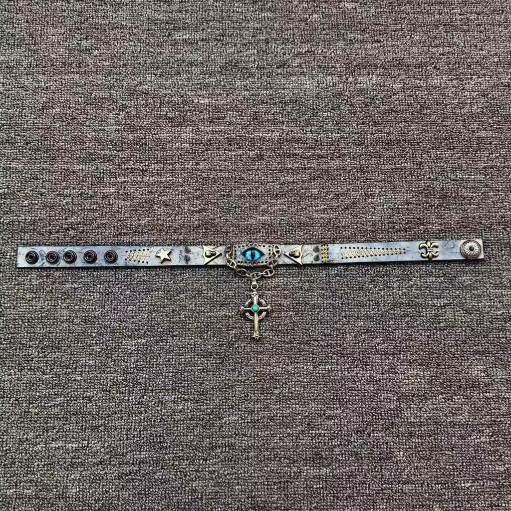 2-in-1 Vintage Blue Leather Choker & Wrap Bracelet - Blue Dragon Eye Cross Necklace - Fleur-de-lis Charm - Medieval Style