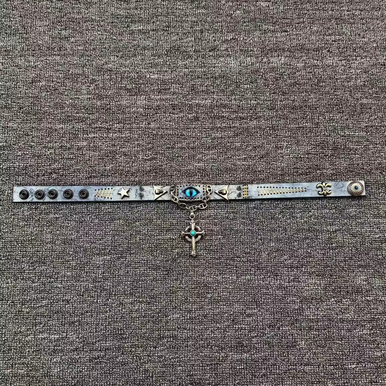 2-in-1 Vintage Blue Leather Choker & Wrap Bracelet - Blue Dragon Eye Cross Necklace - Fleur-de-lis Charm - Medieval Style