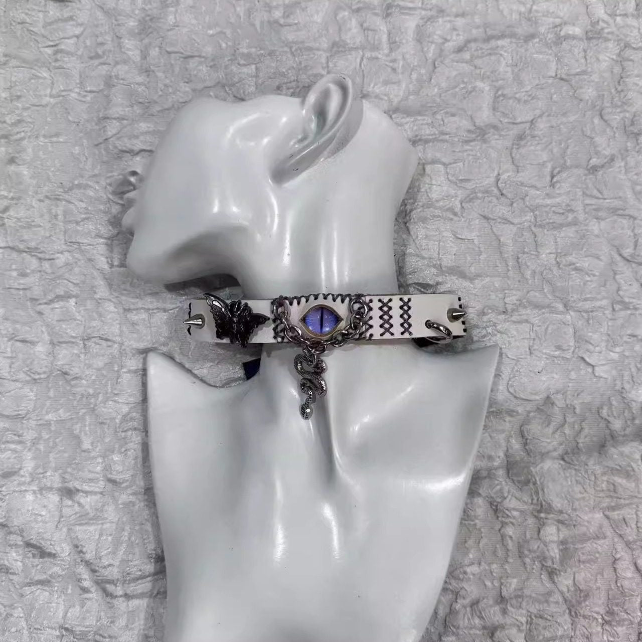 2-in-1 Gothic White Leather Choker & Wrap Bracelet - Purple Dragon Eye Snake & Moth Necklace - Grunge Silver Charms