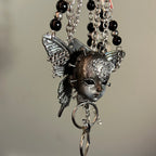Silver Metallic Butterfly Doll Face Necklace with Rhinestone Heart & Winged Skull Charm