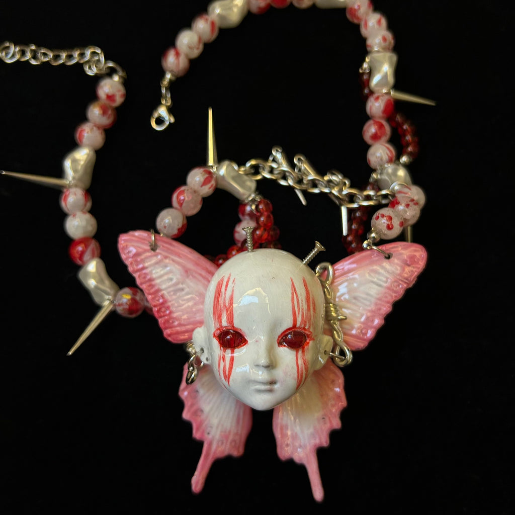 Yami Kawaii Pink Butterfly "Bleeding Eyes" Doll Face Necklace - Spikes & Blood Splatter Beads
