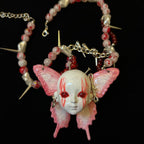Yami Kawaii Pink Butterfly "Bleeding Eyes" Doll Face Necklace - Spikes & Blood Splatter Beads