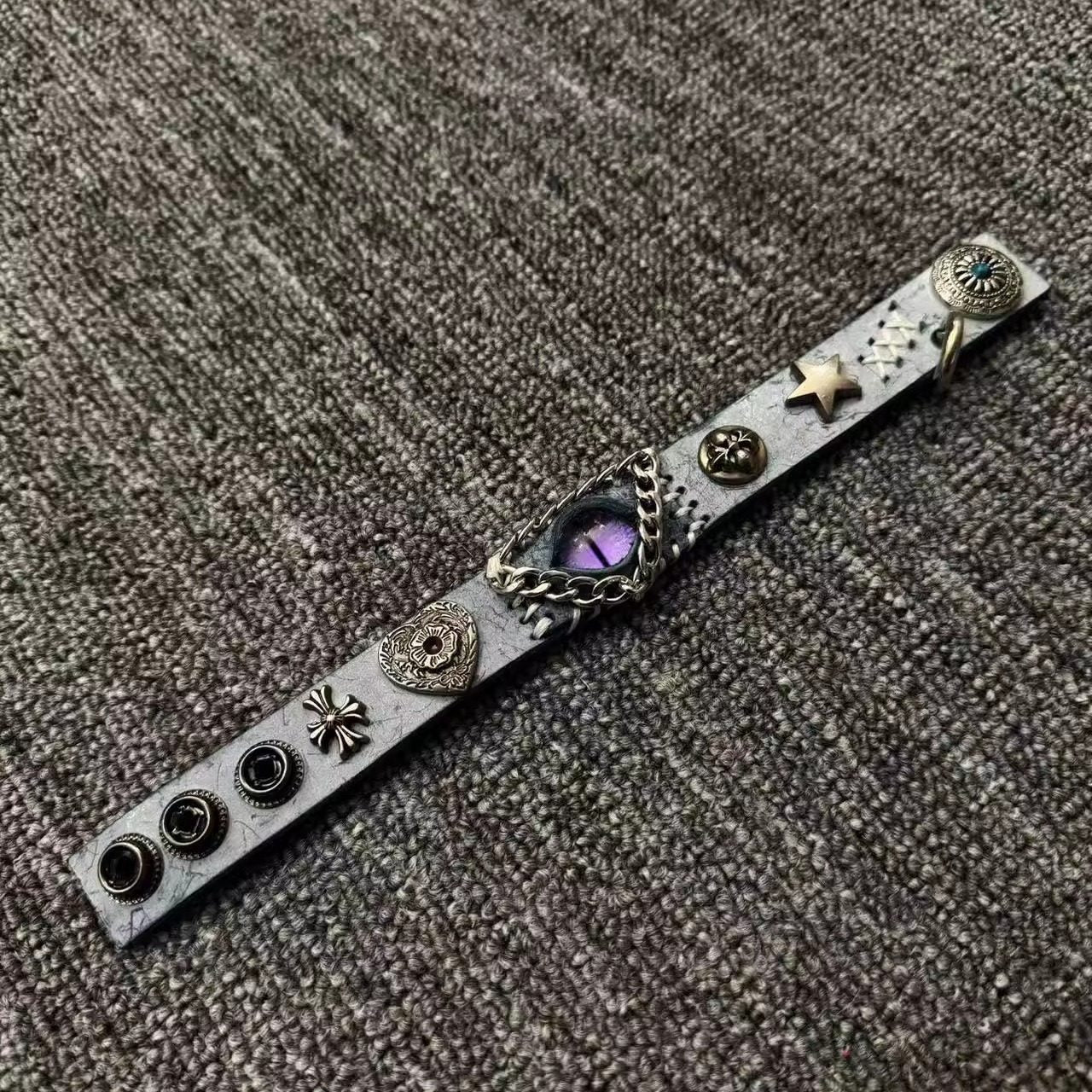 Celestial Ice Blue Leather Bracelet - Purple Dragon Eye Cuff - Star Studded Fantasy Wristband - Galaxy Aesthetic