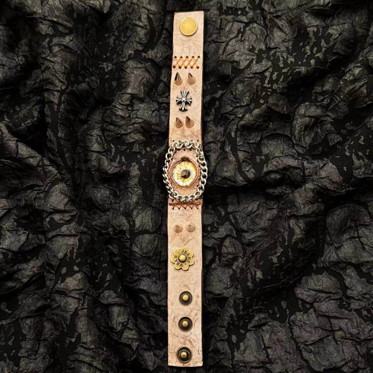 Steampunk Brown Leather Dragon Eye Bracelet - Vintage Grunge Spiked Cuff - Golden Cat Eye Wristband - Wasteland Aesthetic