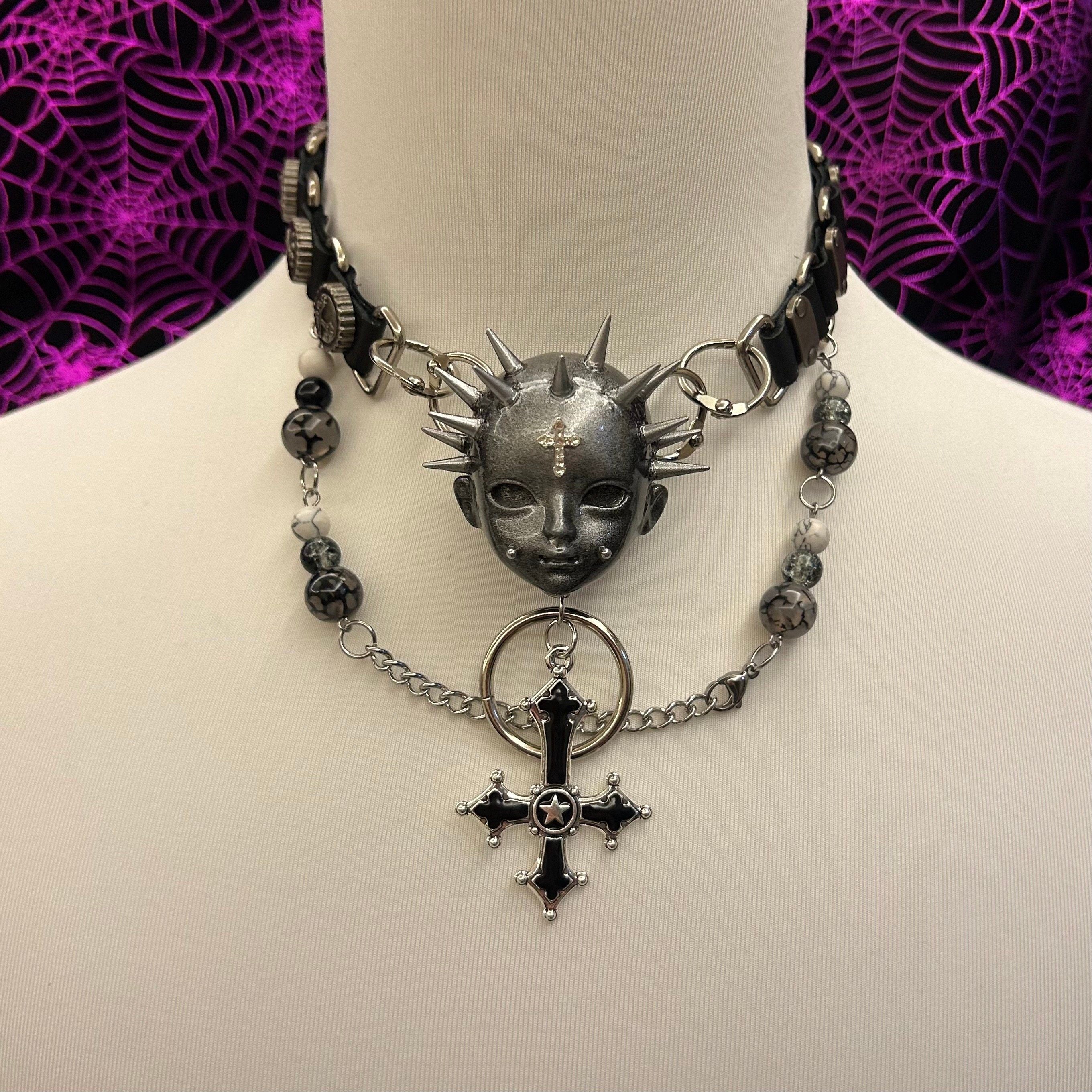 Silver Spiked Doll Face Necklace - Layered Beaded Chain & Inverted Cross Pendant