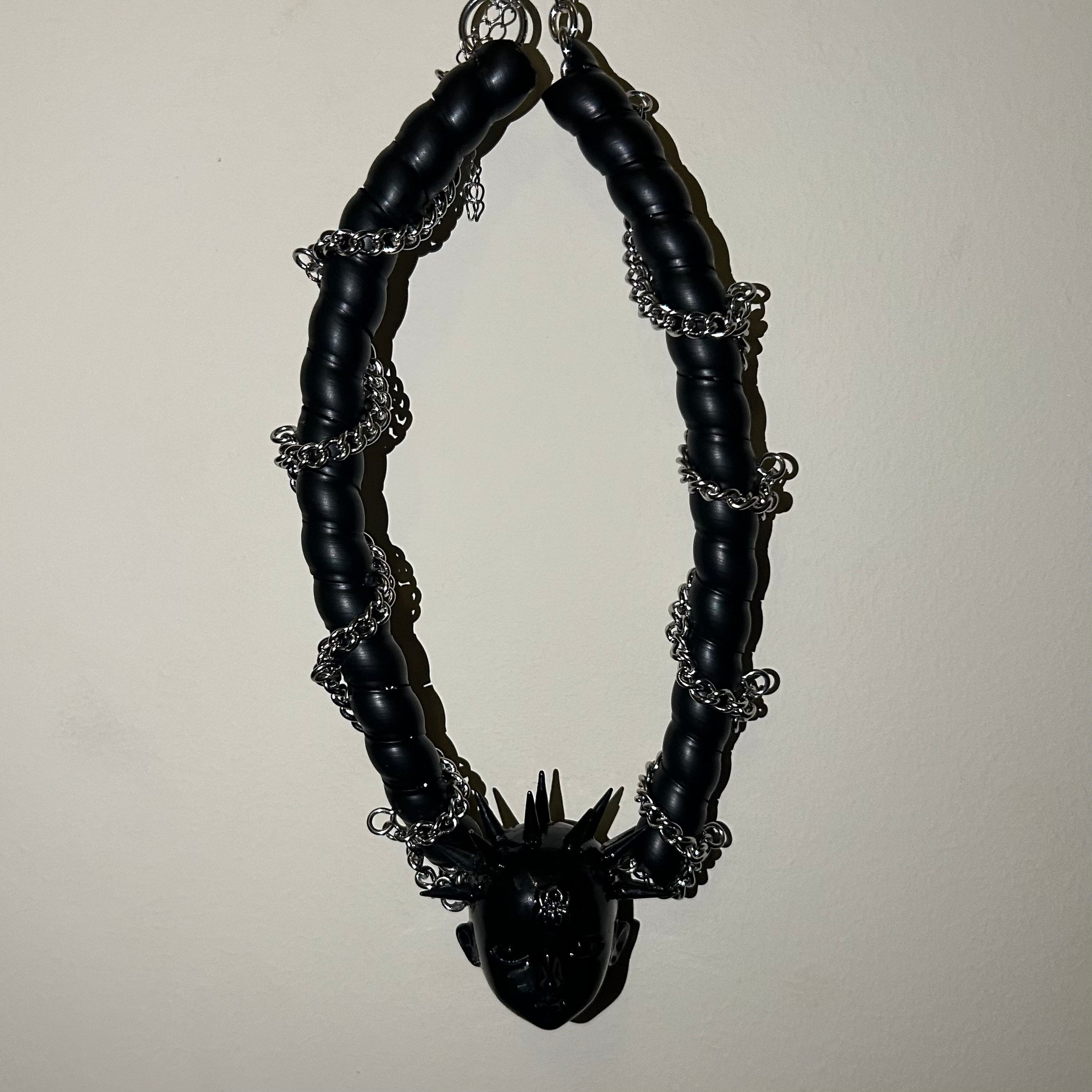 Black Glossy Spiked Doll Face Choker with Spider Emblem - Chunky Twisted Cord & Chain Necklace