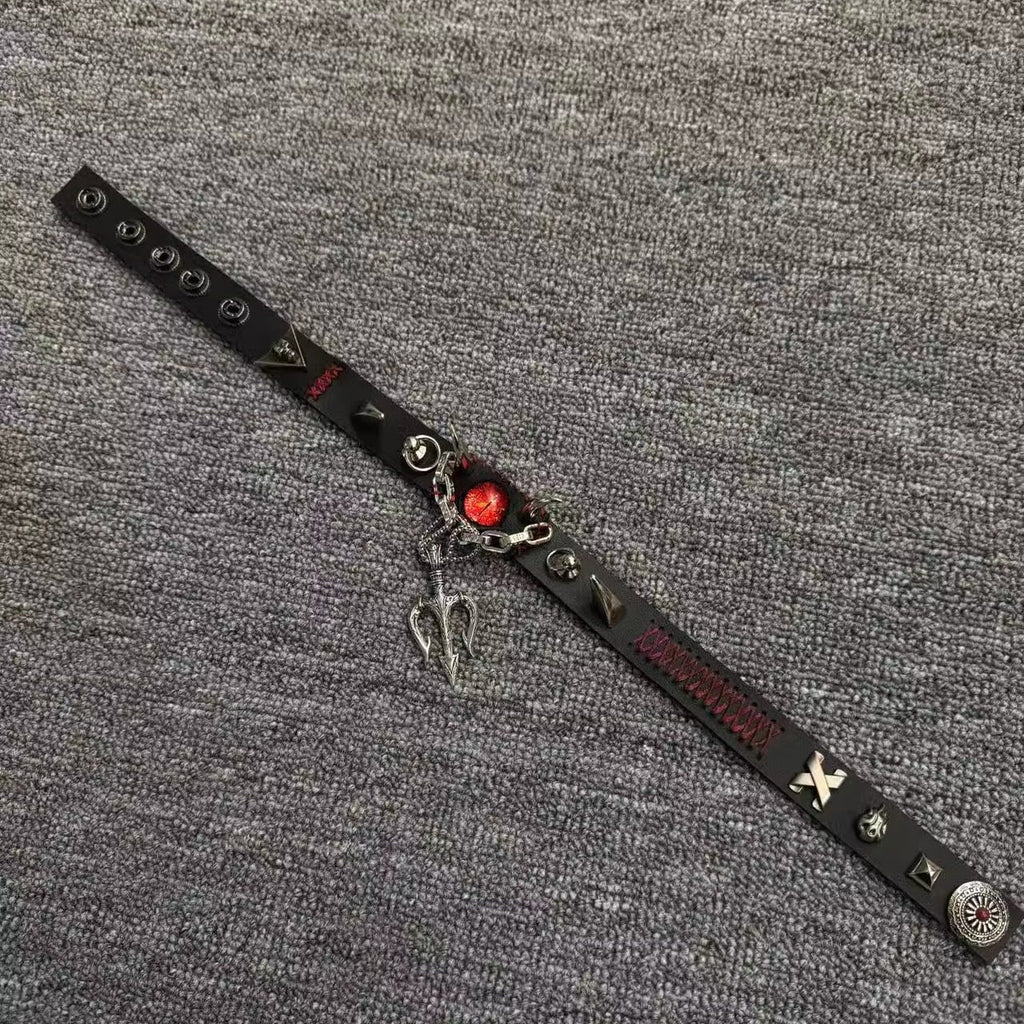 2-in-1 Gothic Black Leather Choker & Wrap Bracelet - Red Dragon Eye Necklace - Silver Trident Charm - Devil Pitchfork Jewelry